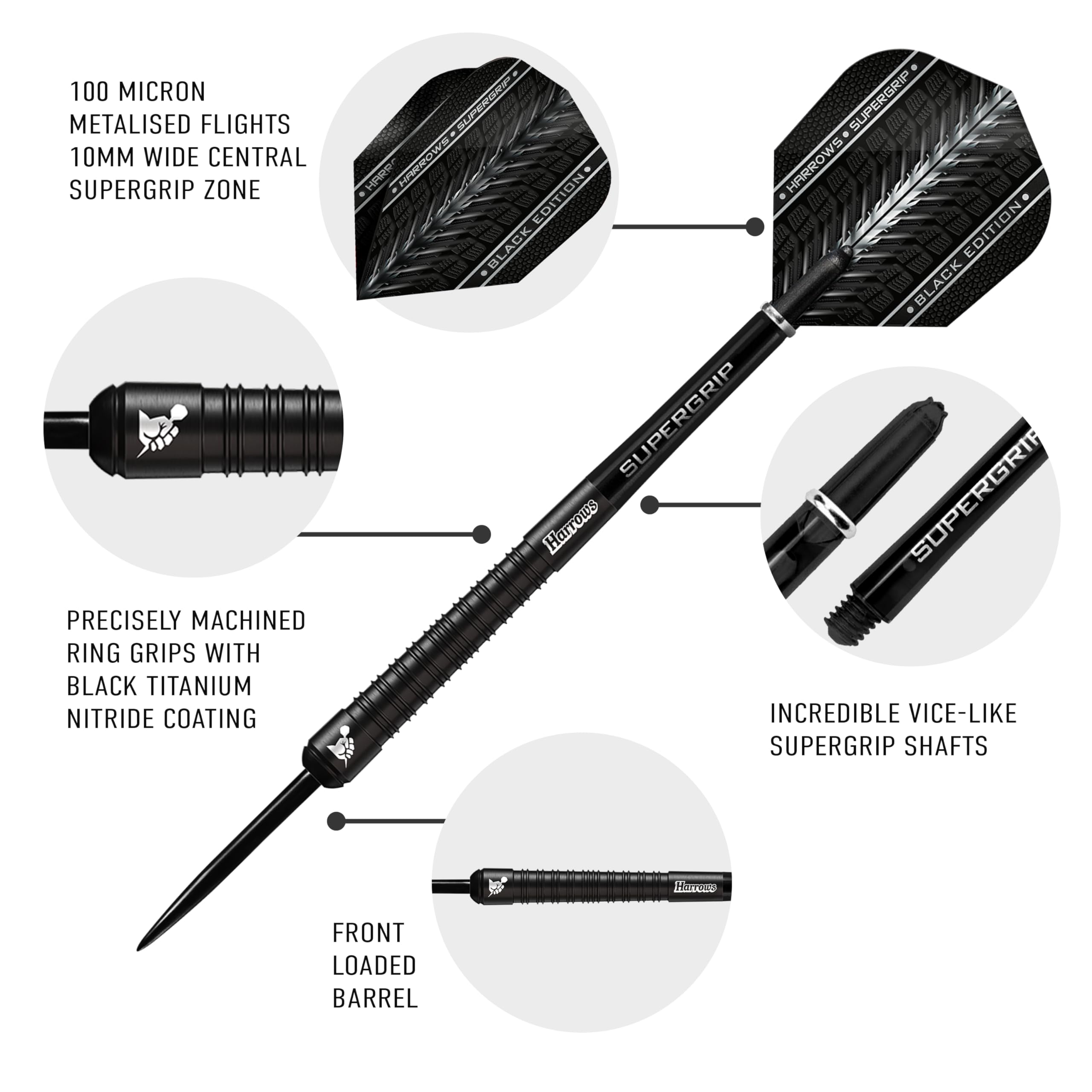 Harrows Supergrip Black Edition 90% Tungsten Steel Tip Darts Set