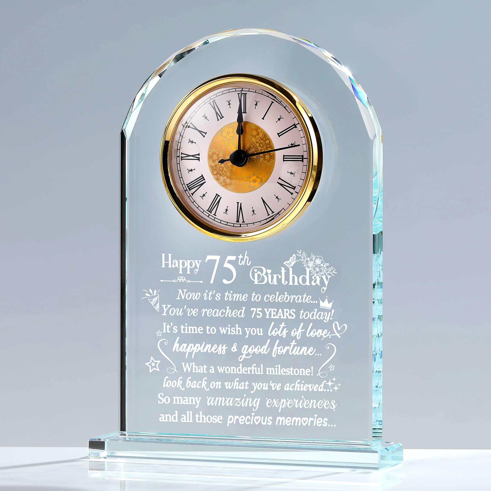 75th Birthday Crystal Clock – Glass Keepsake Milestone Gift