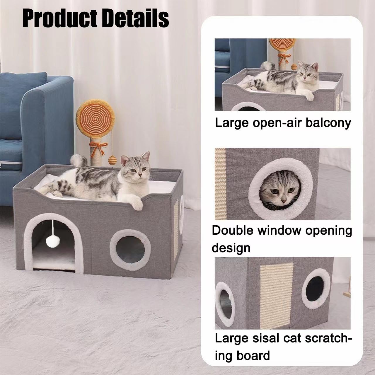 ERNAN Foldable Cat House – Large Indoor Cave Bed with Scratching Board