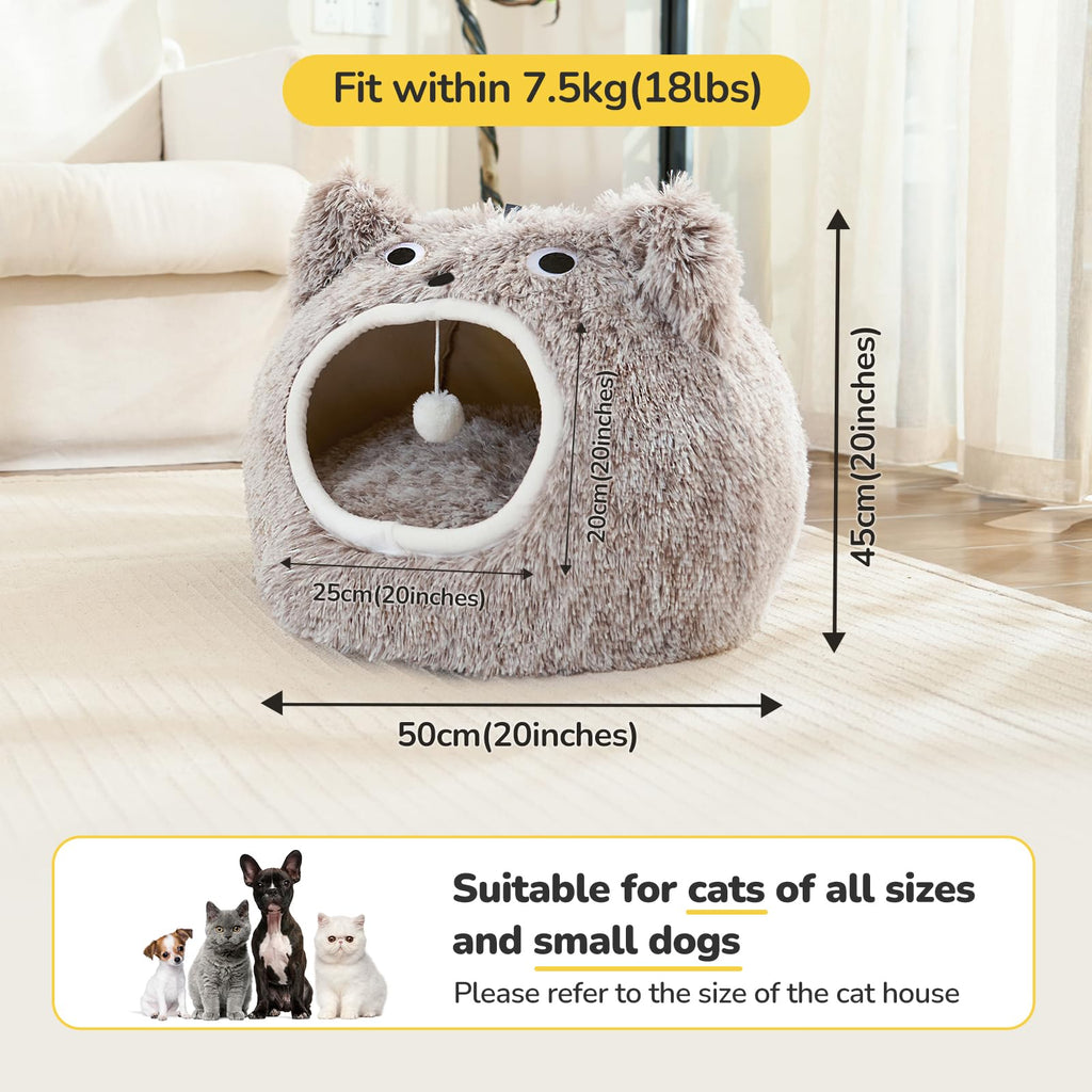 CATISM Cat Cave Bed – Washable Plush Monster Pet House for Cats, Coffee