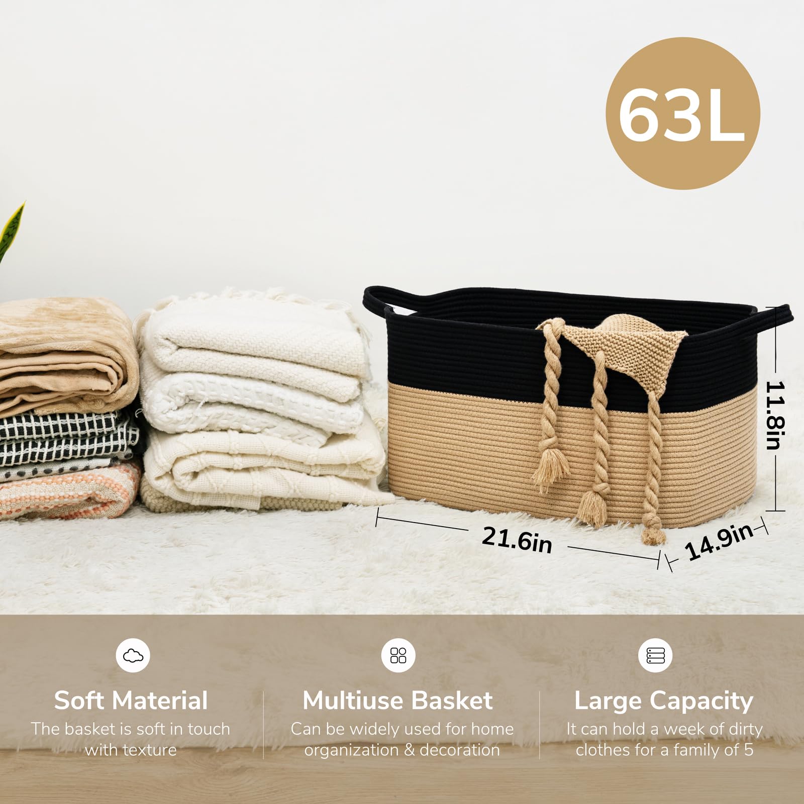 Jolof Store Large Cotton Rope Storage Basket – 65L Woven Toy Bin