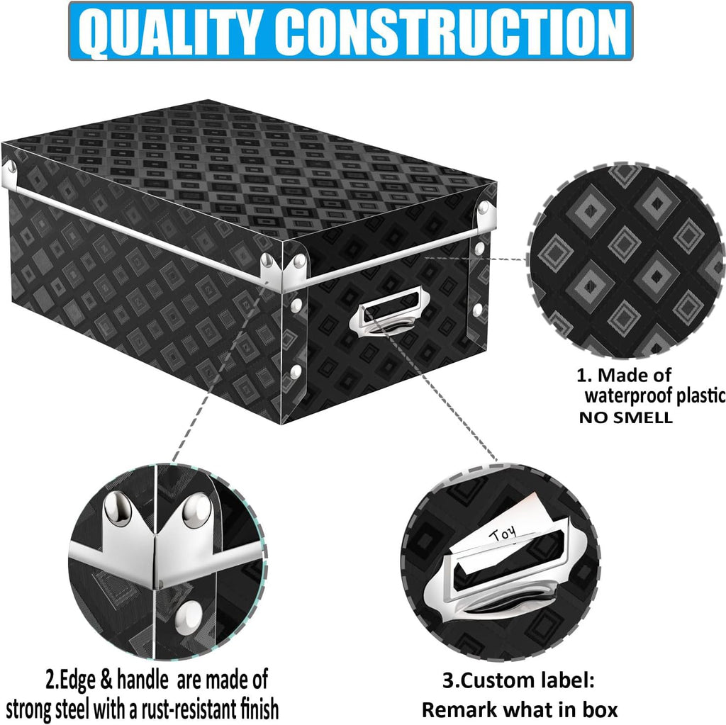 XUCHUN Storage Box with Lids Black, Set of 3 Waterproof Foldable Plastic Box Multiple Sizes for Socks/Office