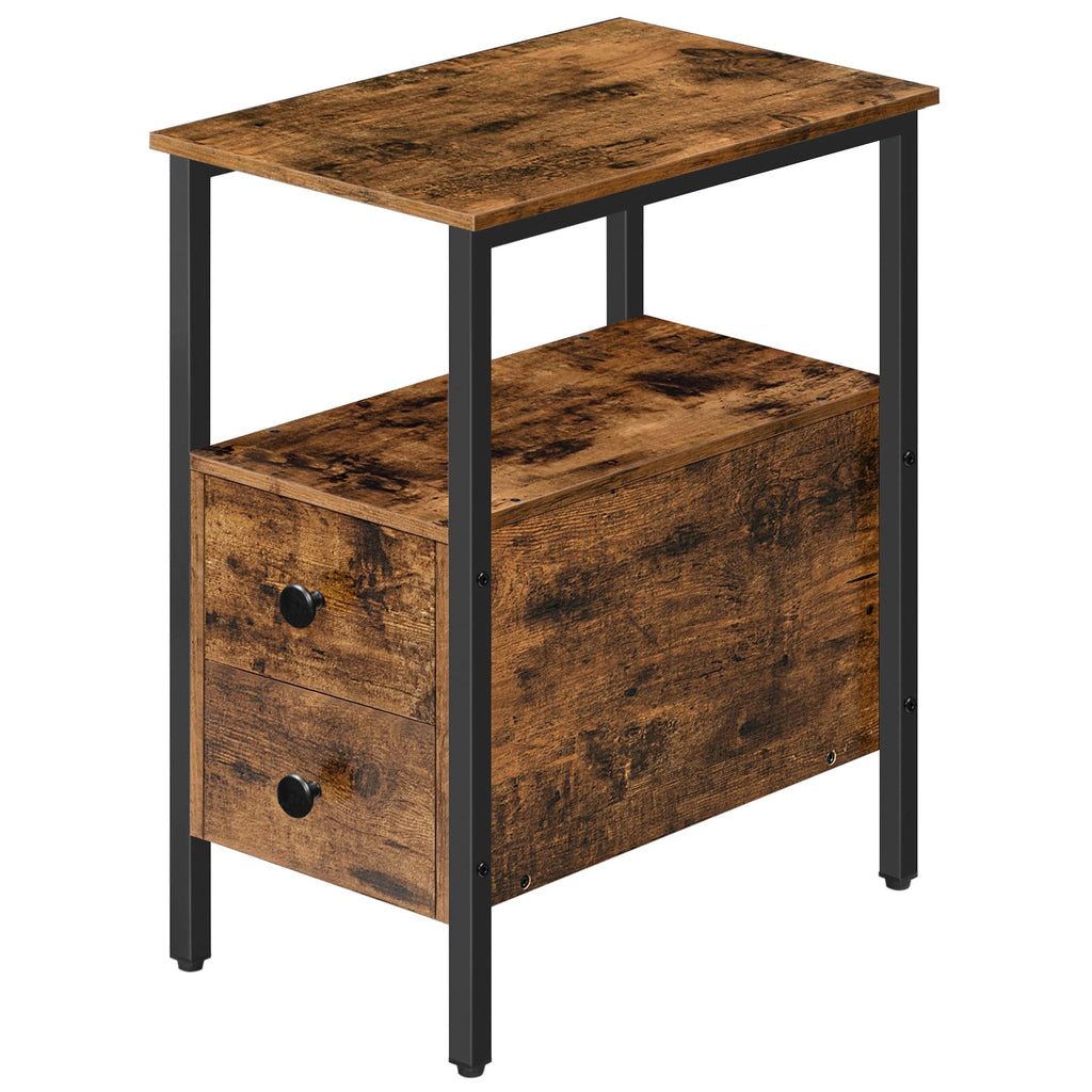 HOOBRO Narrow Side Table - Industrial Slim Bedside Table with 2 Drawers