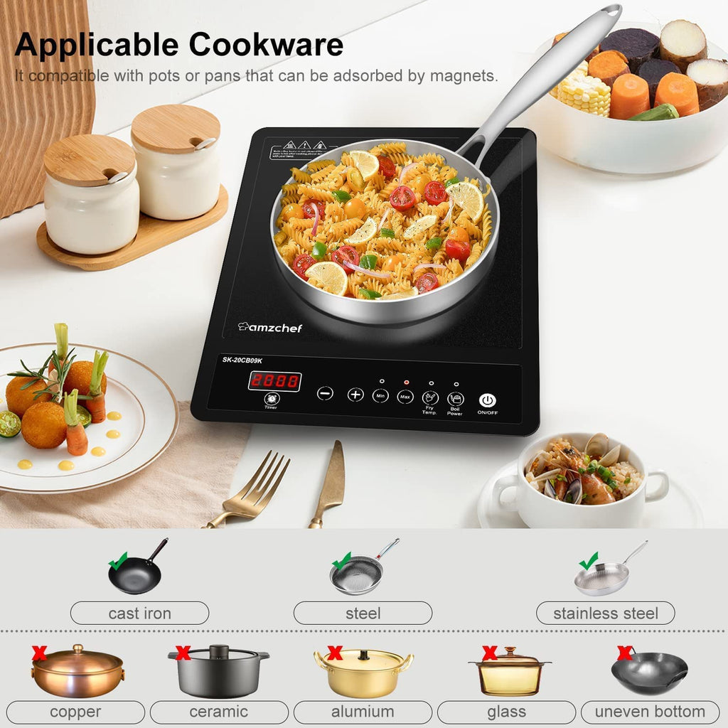 AMZCHEF Single Portable Induction Hob | 2000W Black Frosted Glass Cooker