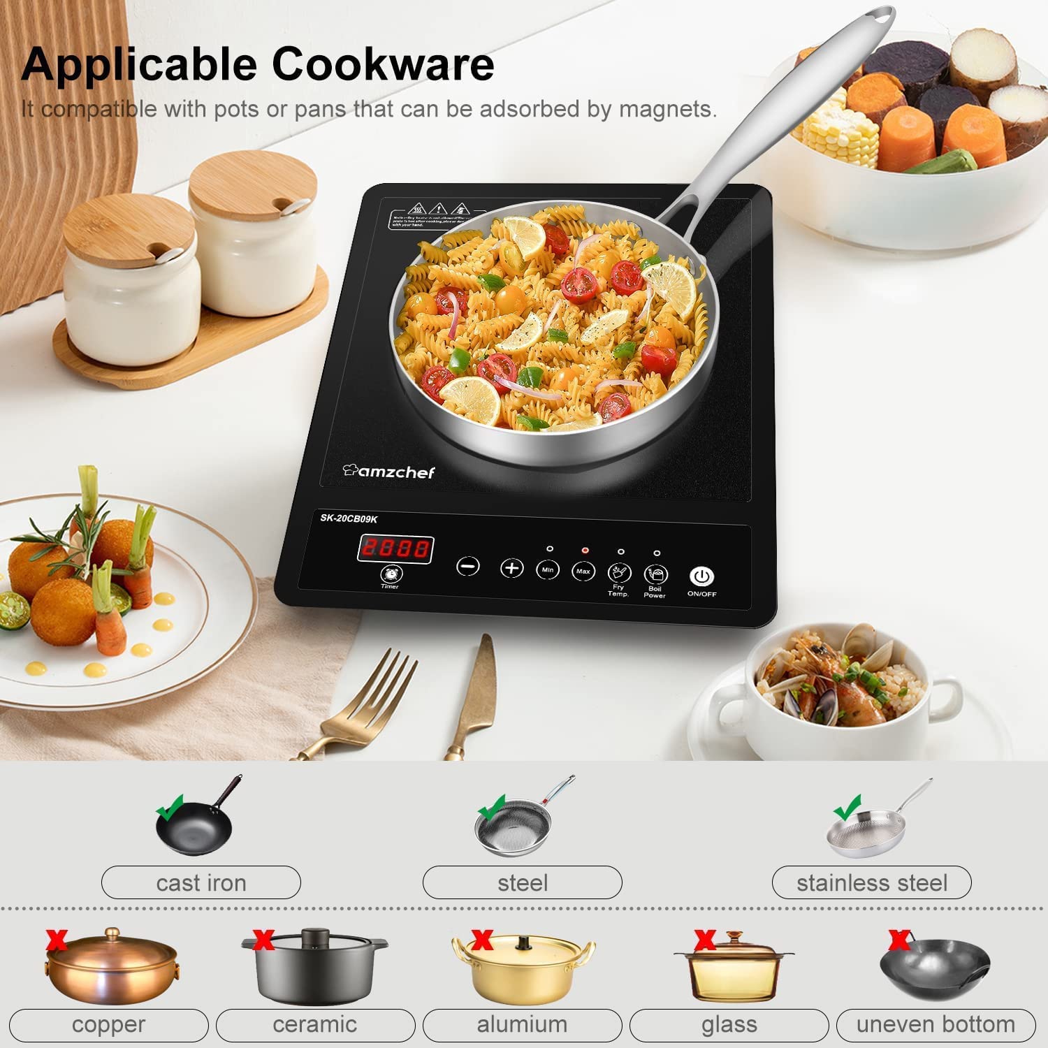 AMZCHEF Single Portable Induction Hob | 2000W Black Frosted Glass Cooker