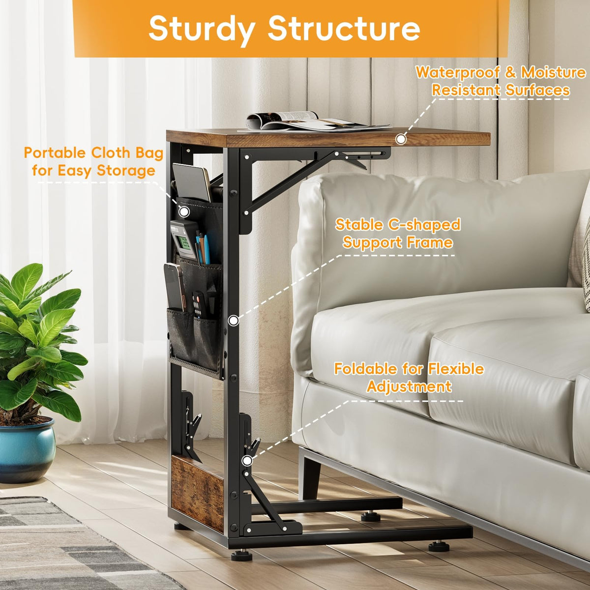 Mutool C-Shaped Sofa Table, Foldable Side Table Bedside Table with Storage Bag, Metal Frame Coffee Table for Living Room Bedroom Office Rustic Brown