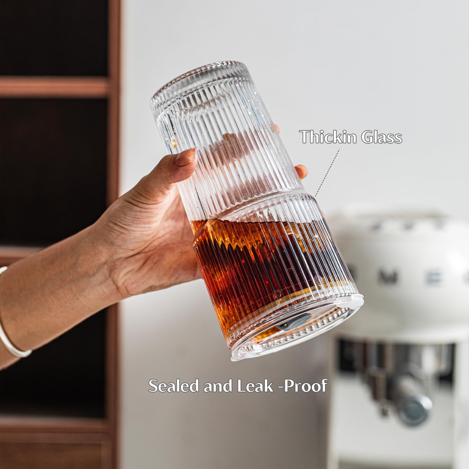INSETLAN Ribbed Glass Tumblers with Lids and Straws - 600ml Set of 4