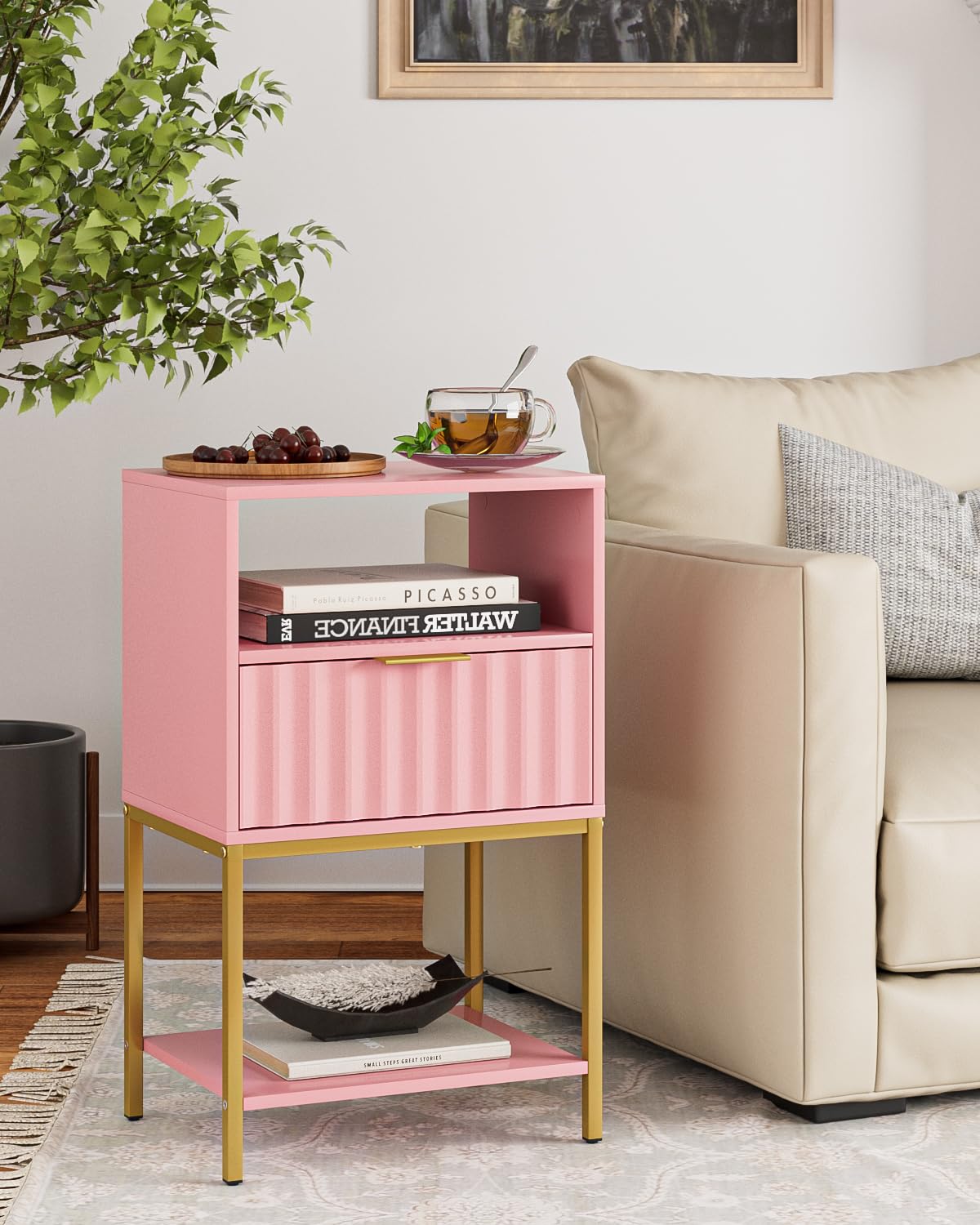 HEYZOEY White Fluted Nightstand – 3-Tier Bedside Table with Gold Frame