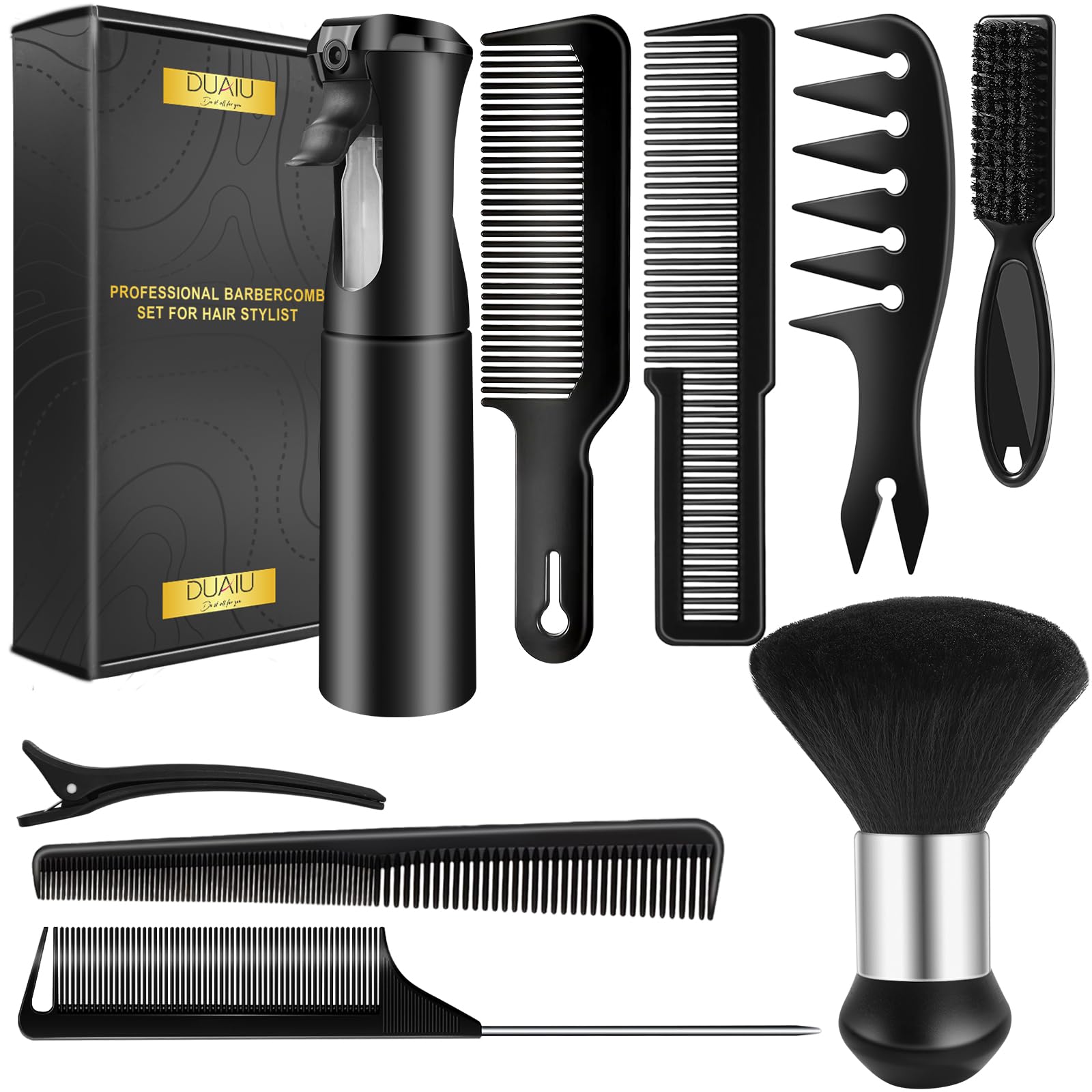 DUAIU 9 Pcs Professional Barber Comb Set with Spray Bottle & Neck Duster