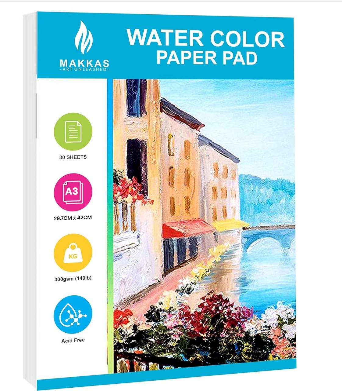 Makkas A3 Watercolour Paper Pad | 300gsm Cold Pressed Cotton Blend