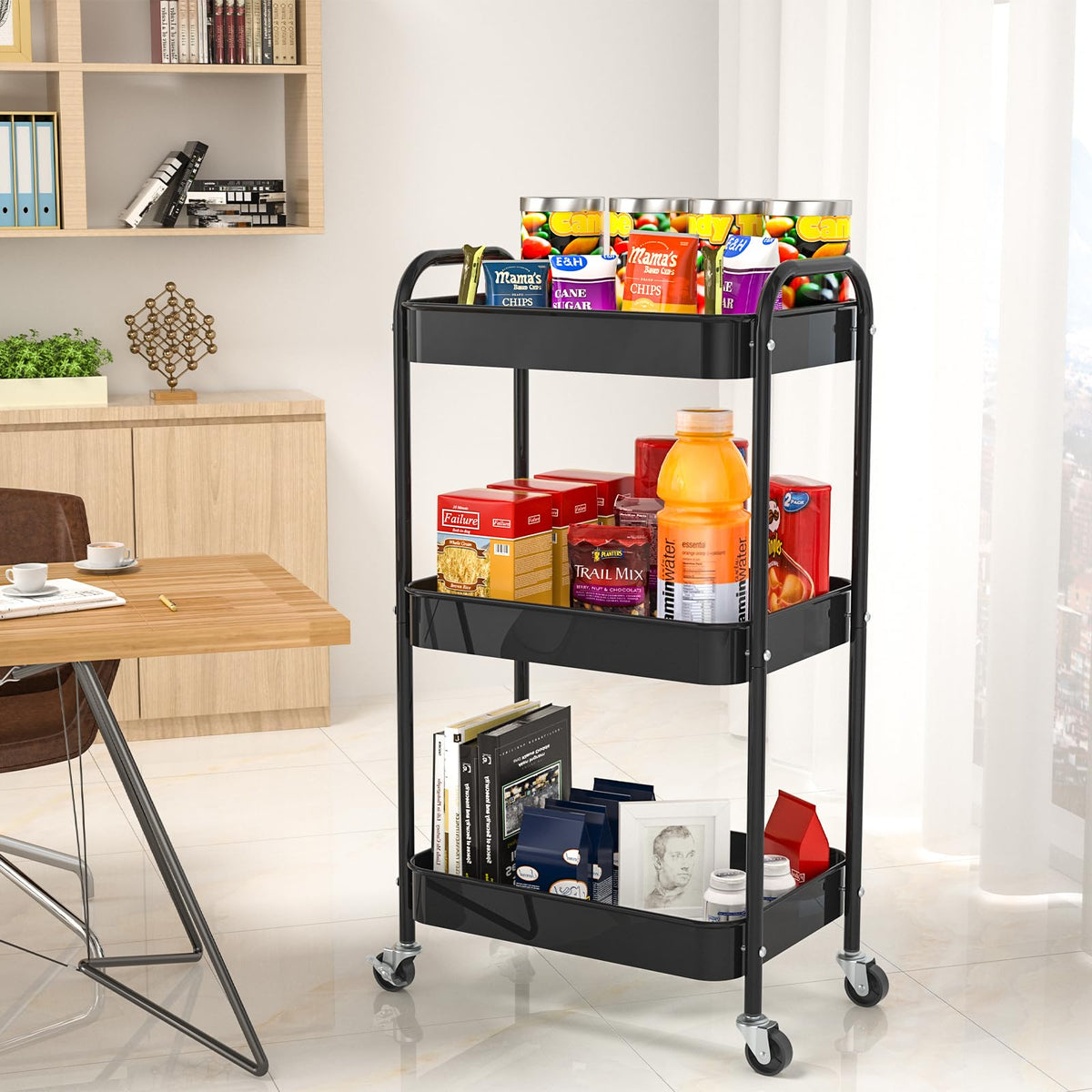 PNVXNUS 3-Tier Rolling Cart, Metal Utility Storage Carts with Wheels, Black - image 4