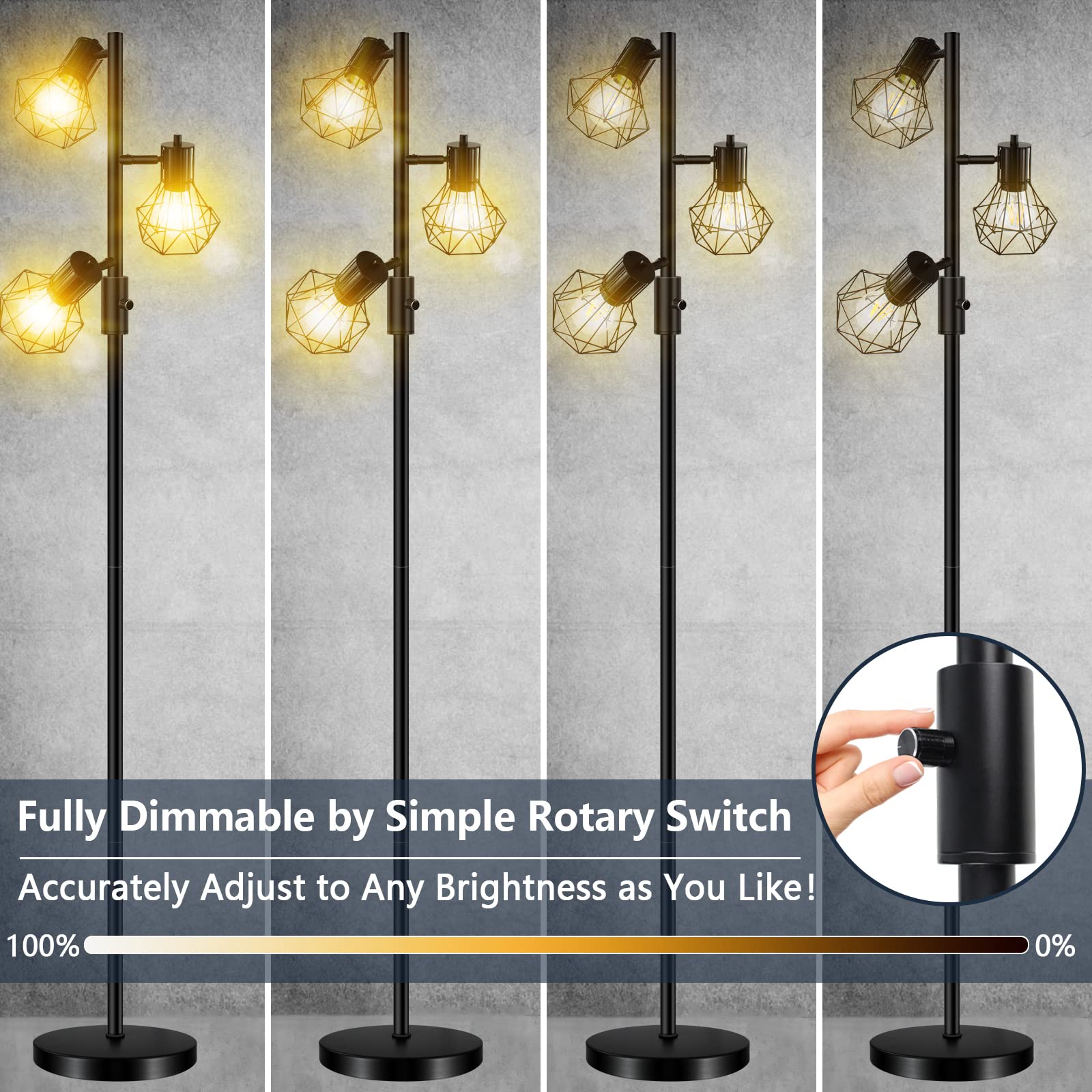 HiBay Industrial LED Floor Lamp – Stepless Dimmable 3-Light Tree Lamp