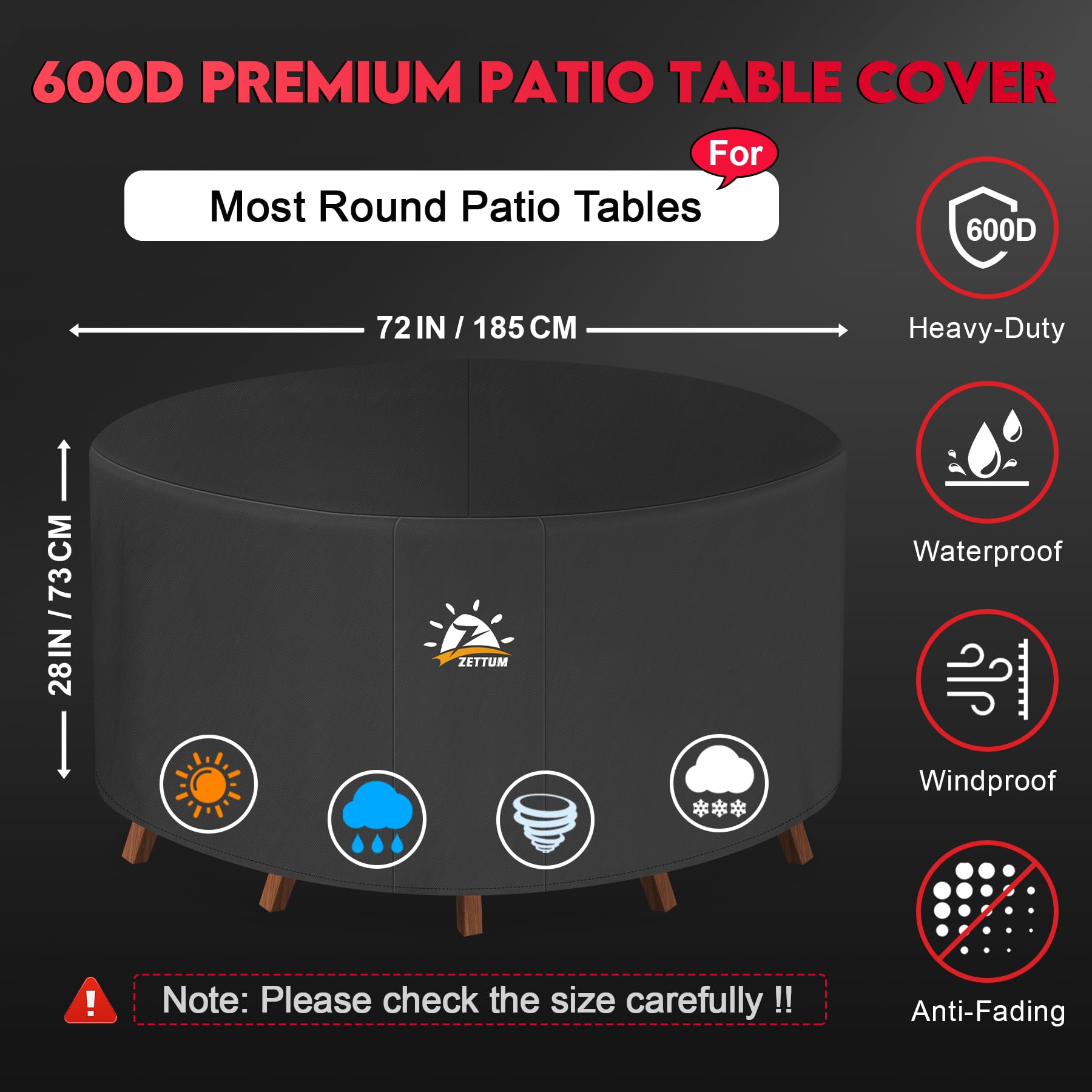 Zettum Round Garden Furniture Cover | 600D Waterproof Oxford Fabric | 185x73cm