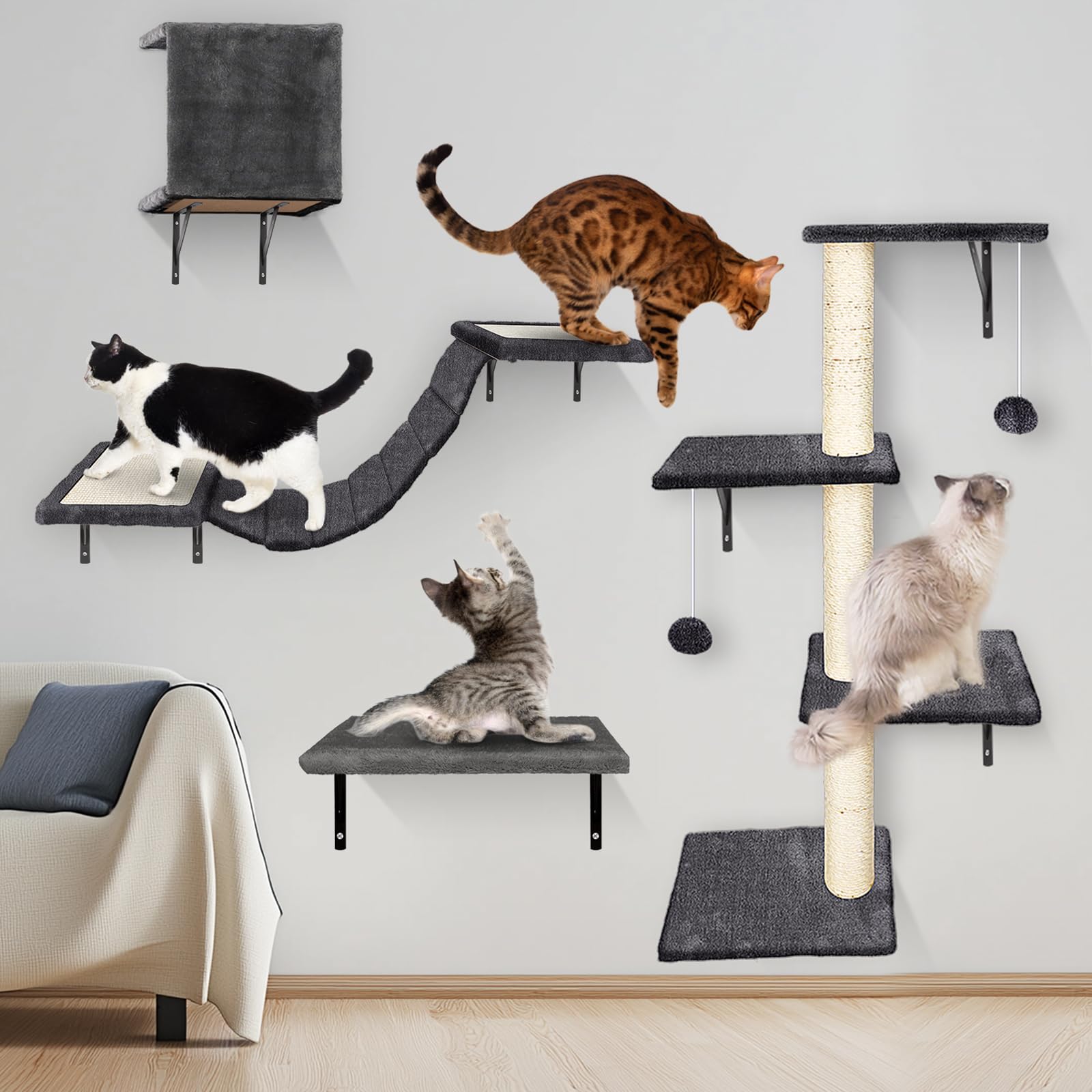 MASTERTOP 4-in-1 Cat Wall Furniture Set | Grey Wood Climbing Shelves