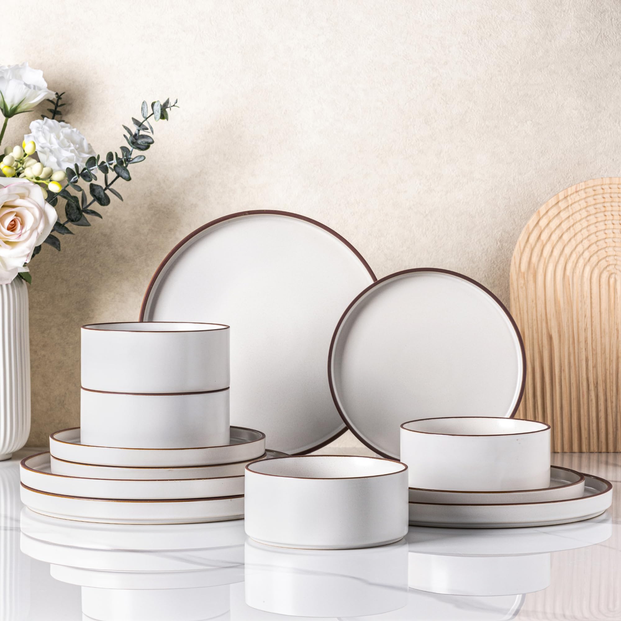 LeRatio 12-Piece Stoneware Dinnerware Set | Chip-Resistant Service for 4