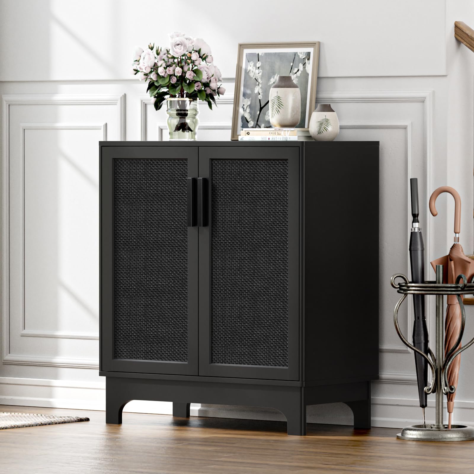 Yvsevnr Black Rattan Sideboard Buffet Cabinet with Adjustable Shelves