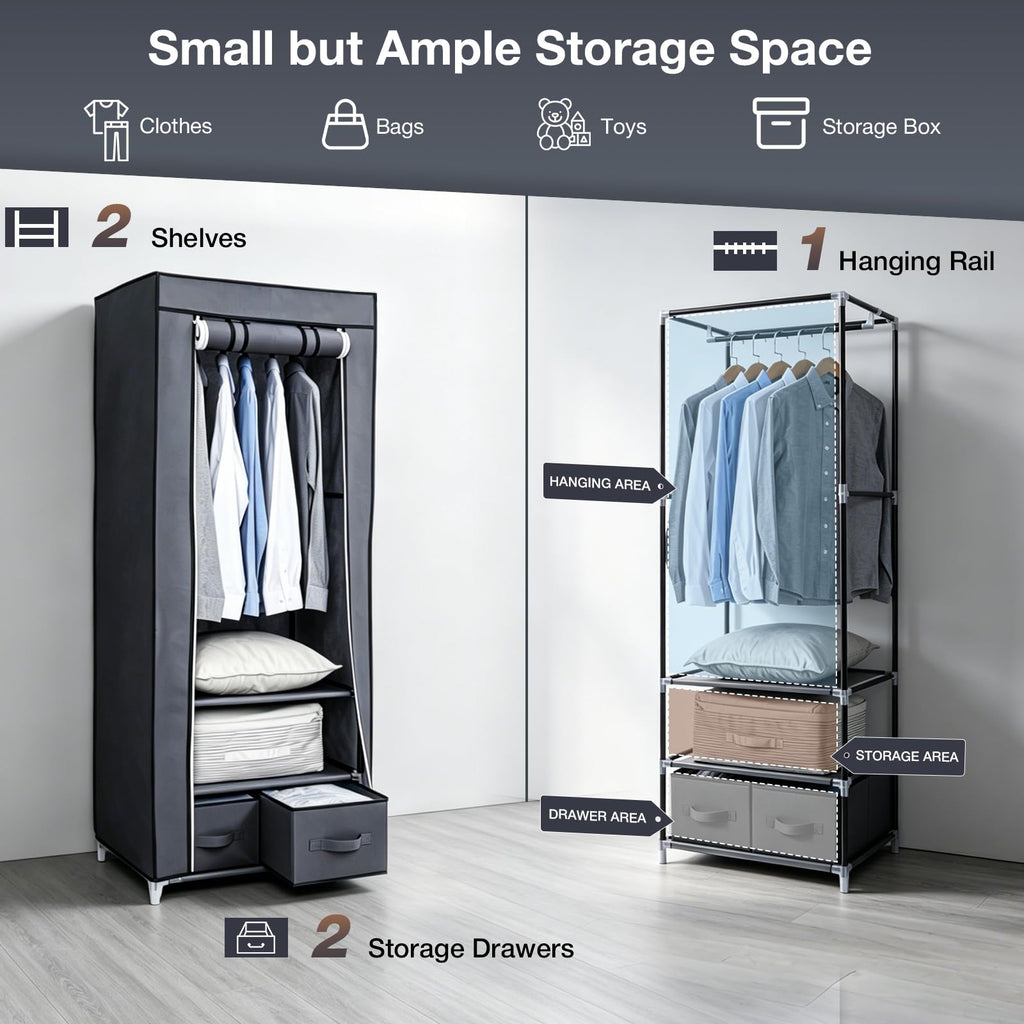 Single Canvas Wardrobe with 2 Drawers and Hanging Rail 160 x 59 x 43CM