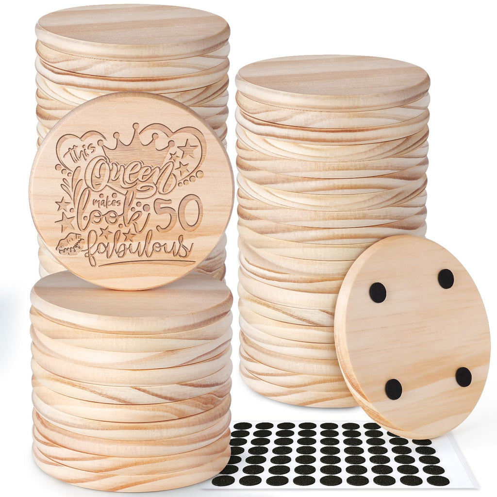 GOH DODD 48-Piece Unfinished Pine Wood Coasters for Laser Engraving, 4 Inch