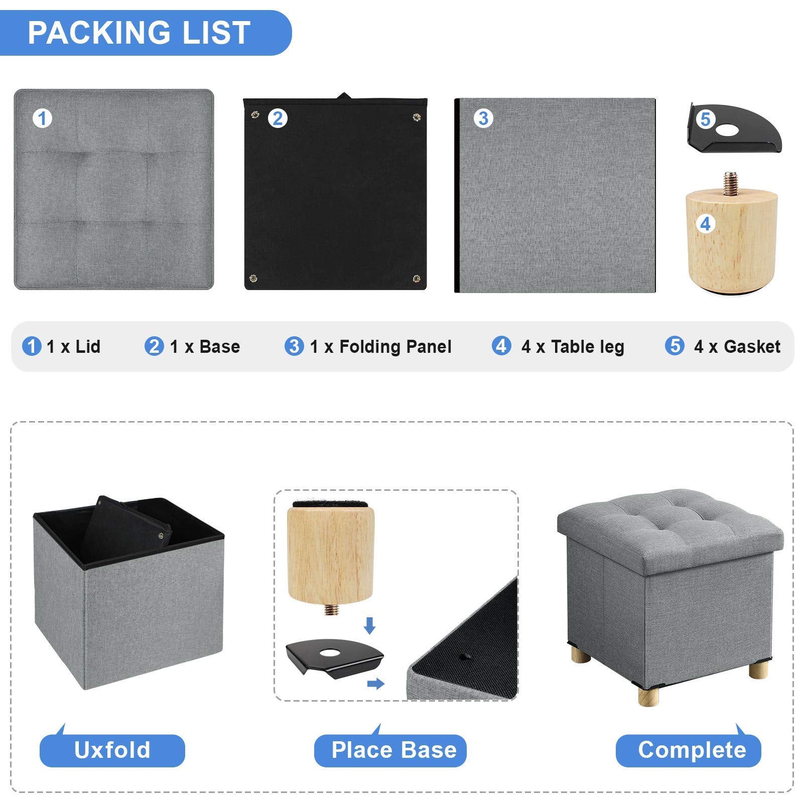 BRIAN & DANY Folding Storage Ottoman | Linen Footstool with Wood Legs