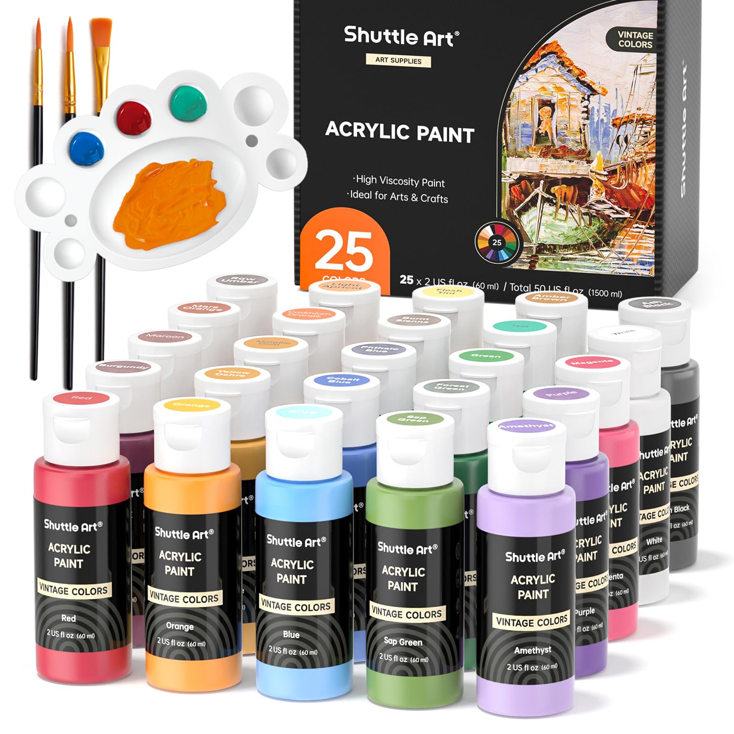 Shuttle Art Acrylic Paint Set – 25 Vintage Colors for Canvas & Rocks
