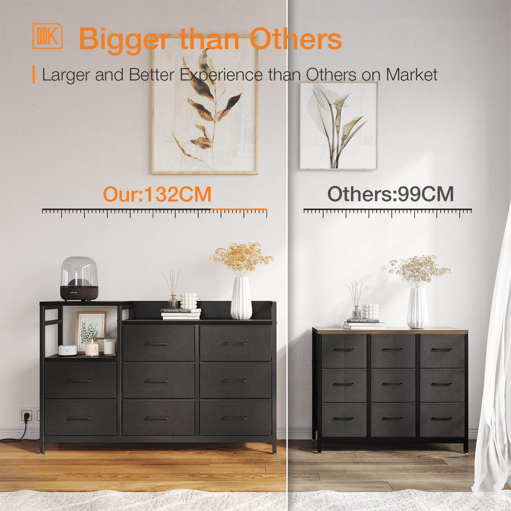 ODK 8-Drawer Fabric Chest of Drawers with Charging Station | Black