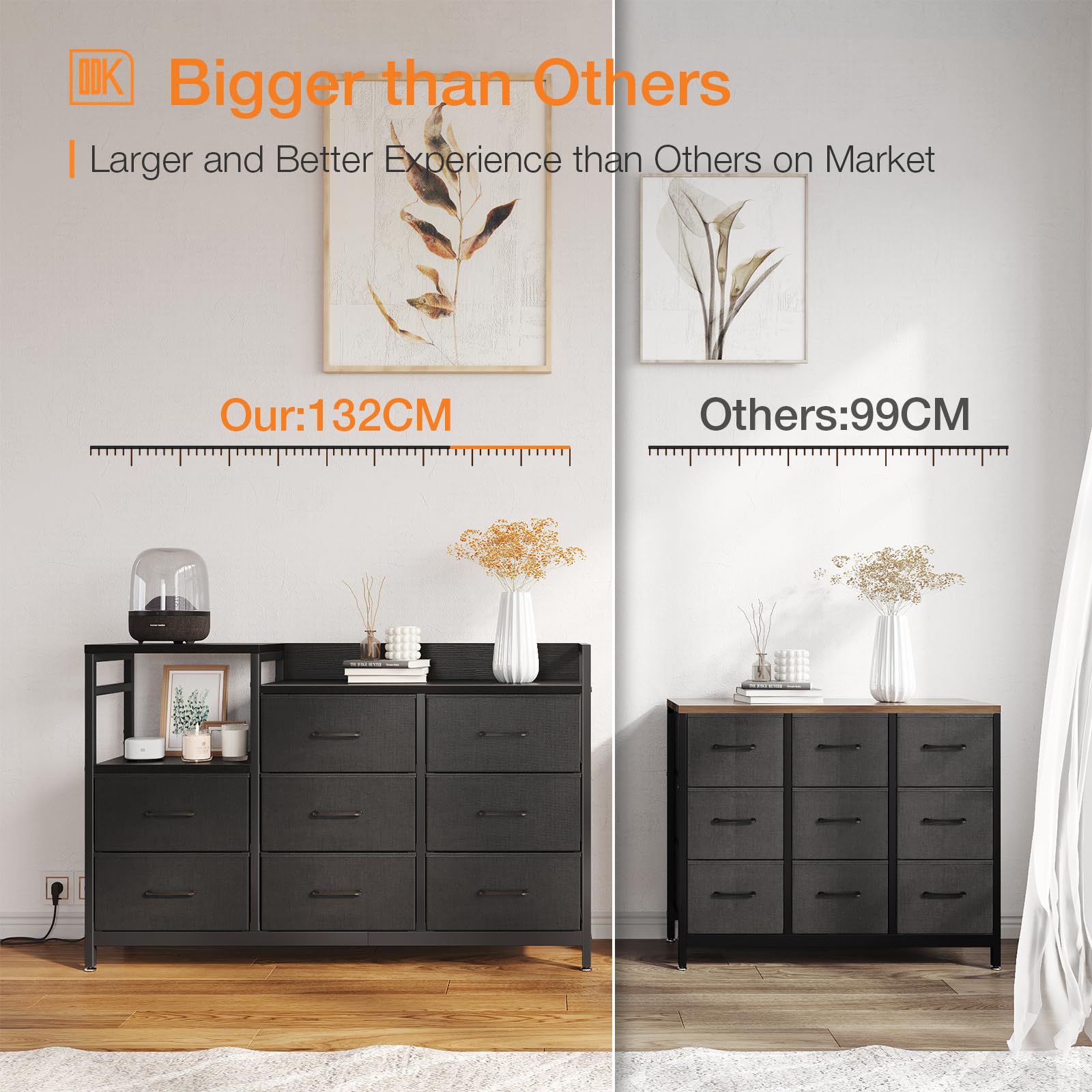 ODK 8-Drawer Fabric Chest of Drawers with Charging Station | Black