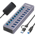 Tccmebius 10-Port Powered USB 3.0 Hub | Aluminum Data Splitter