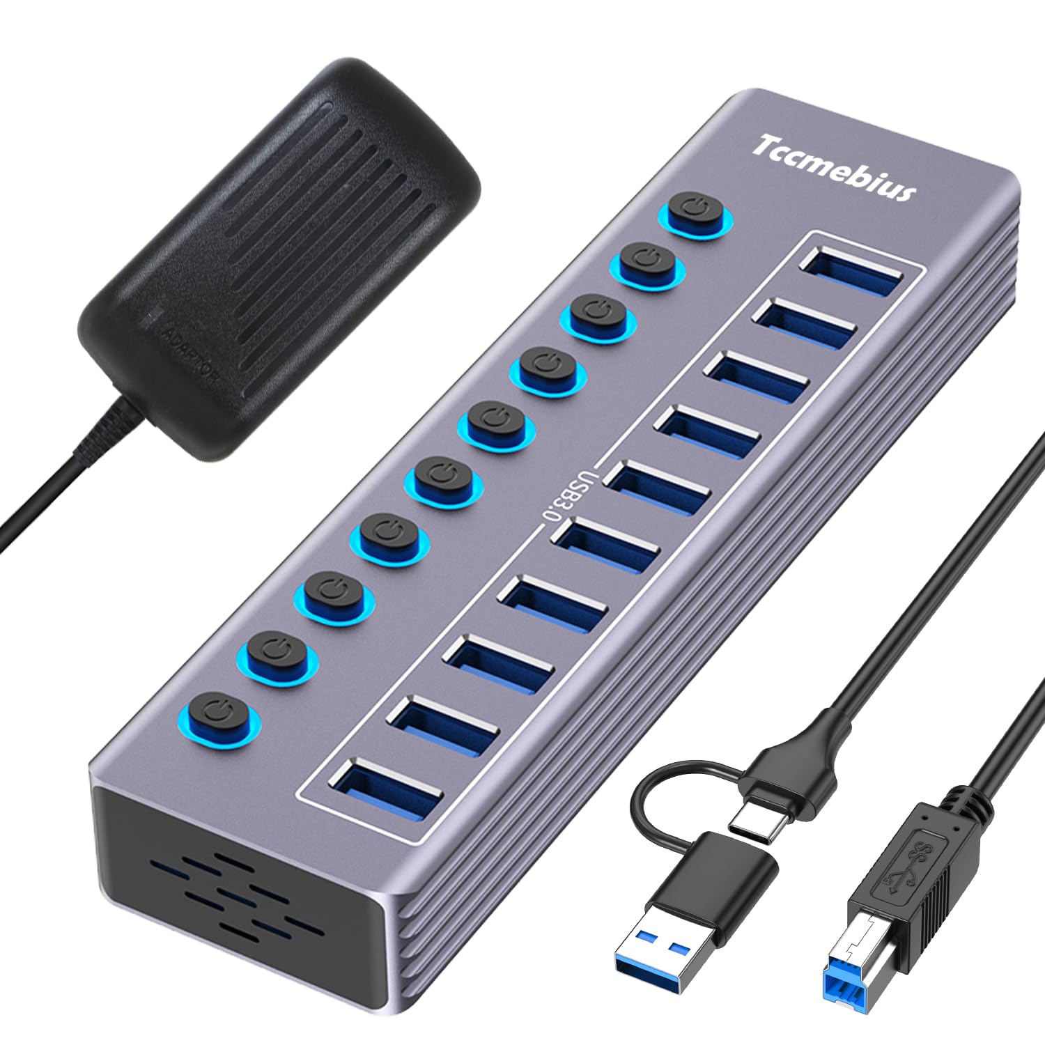 Tccmebius 10-Port Powered USB 3.0 Hub | Aluminum Data Splitter