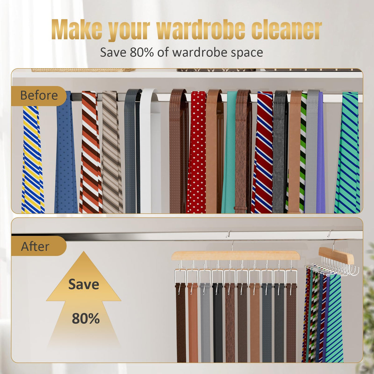 Tie Rack & Belt Hanger 2 in 1 Tie Hanger Space Saving 20 Hooks Hangers for Closet Max 30 Belts with 30 Ties Capacity - image 3