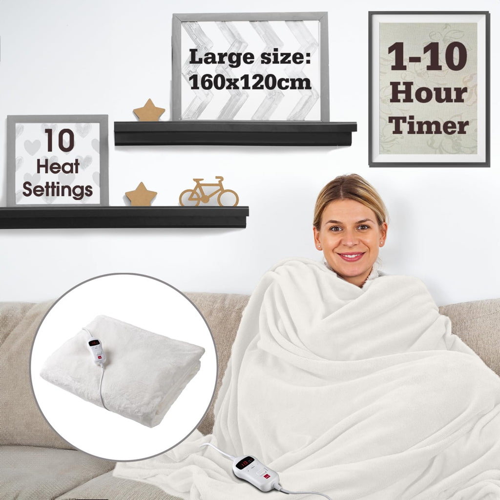 Sensio Home Heated Throw Electric Blanket - Cream Flannel Fleece - 160x120cm
