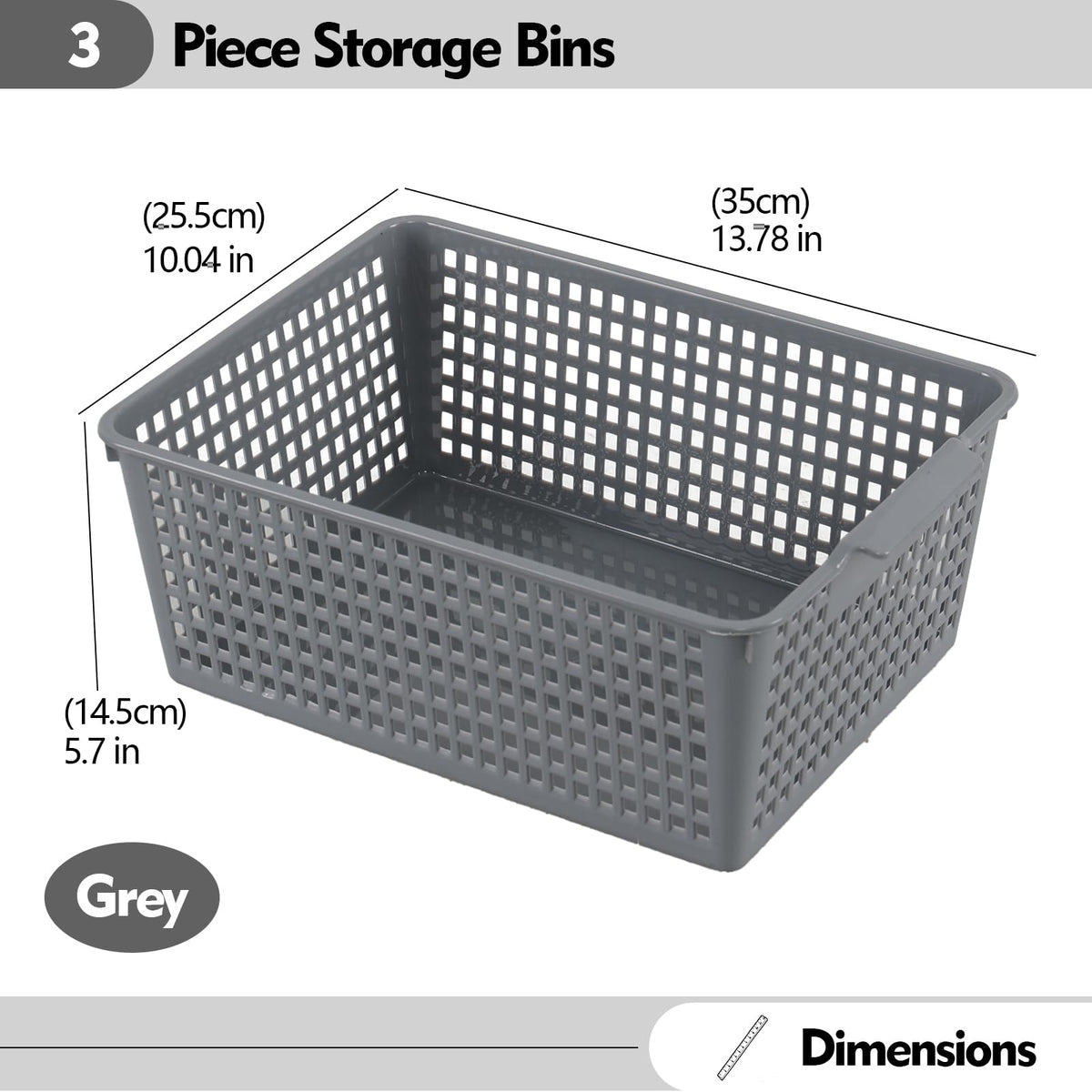 Afromy Set of 3 Plastic Storage Baskets, Rectangular Weave Storage Basket Bin, Grey - image 2