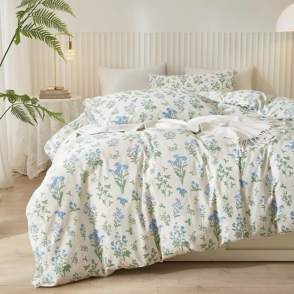 Ruccit White Floral 100% Cotton Double Duvet Cover Set | 3-Piece Bedding