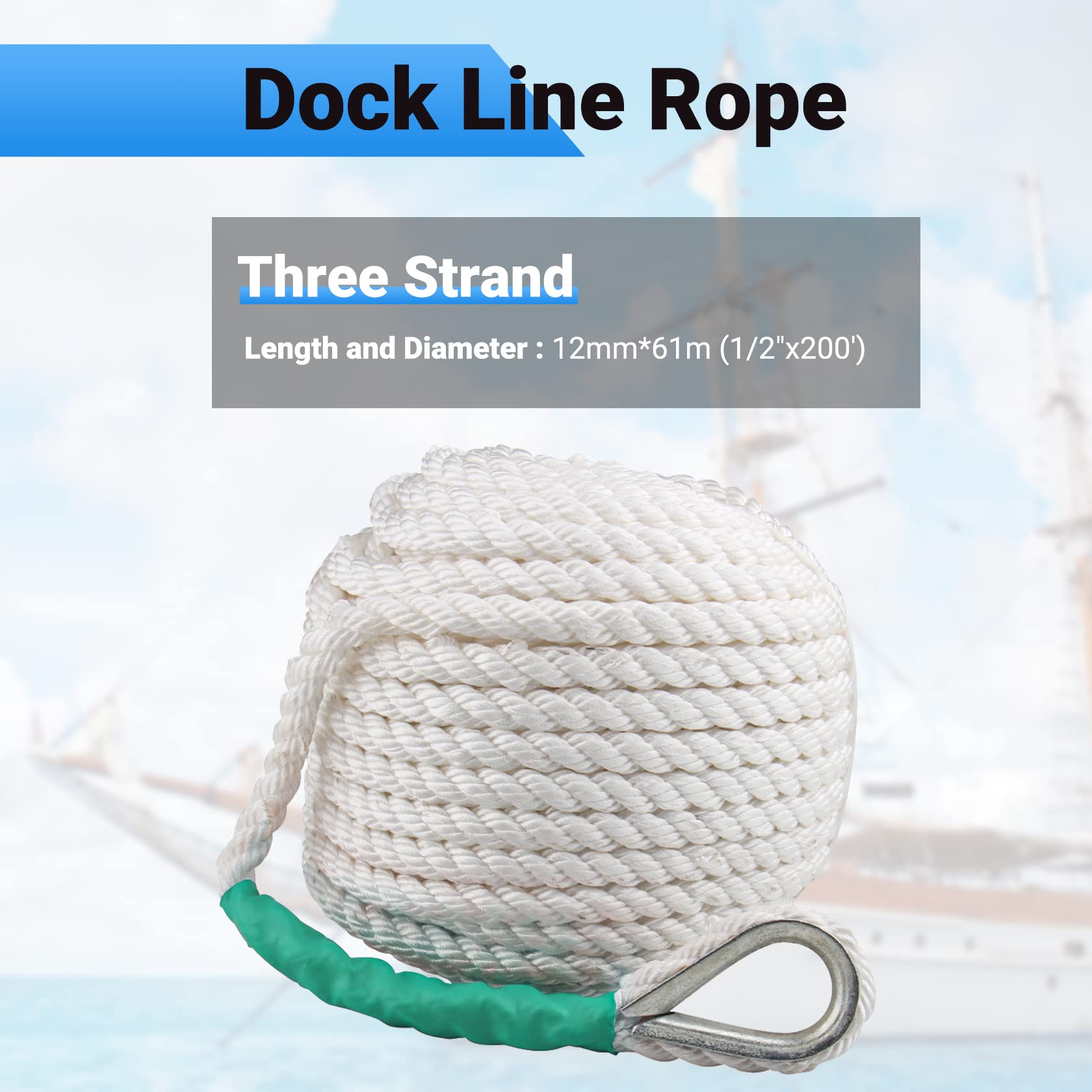 CarBole Double Braided Nylon Mooring Rope - 1/2" x 200ft Dock Line, White