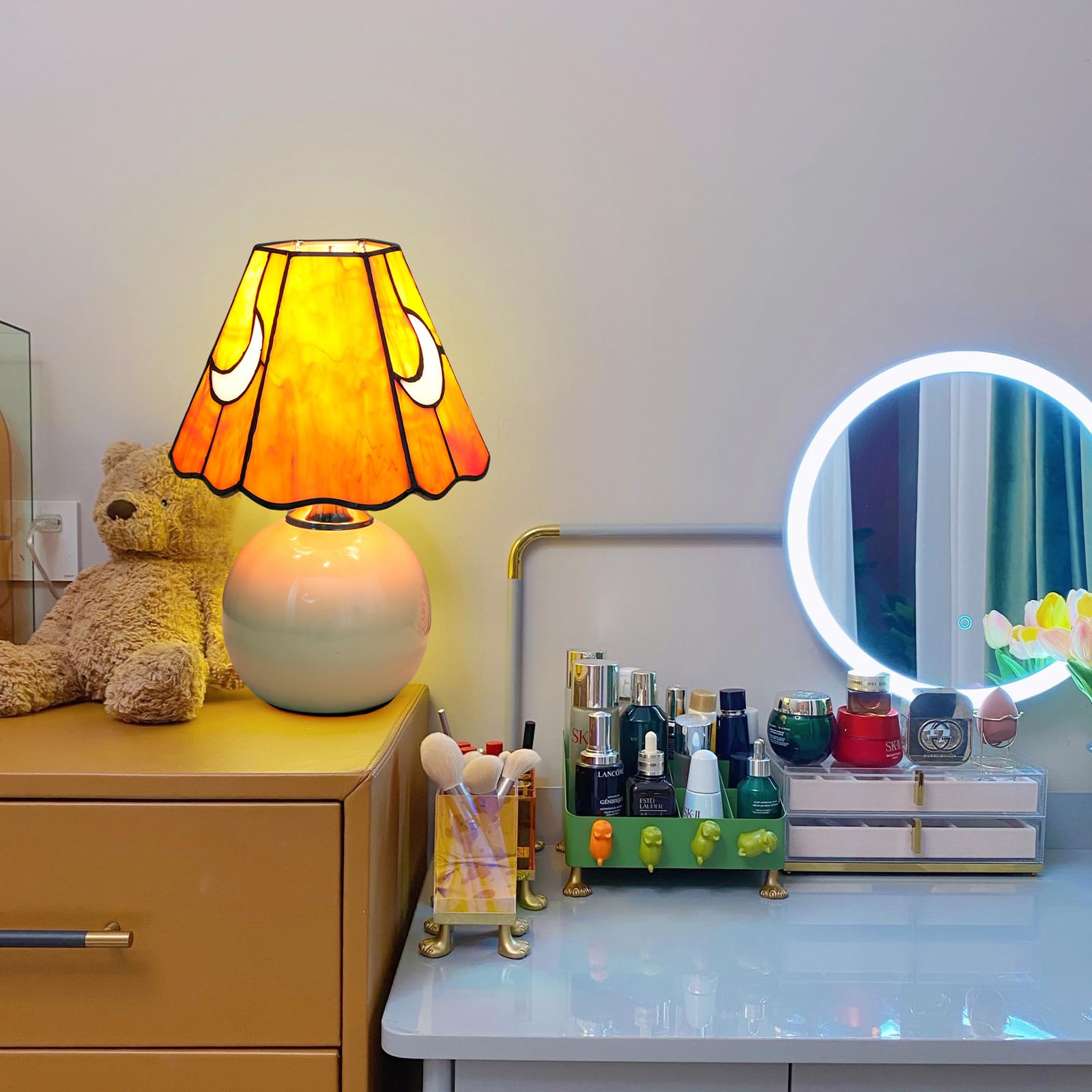 KIPHEPI Mushroom Lamp – Orange Stained Glass Moon Nightlight for Bedside