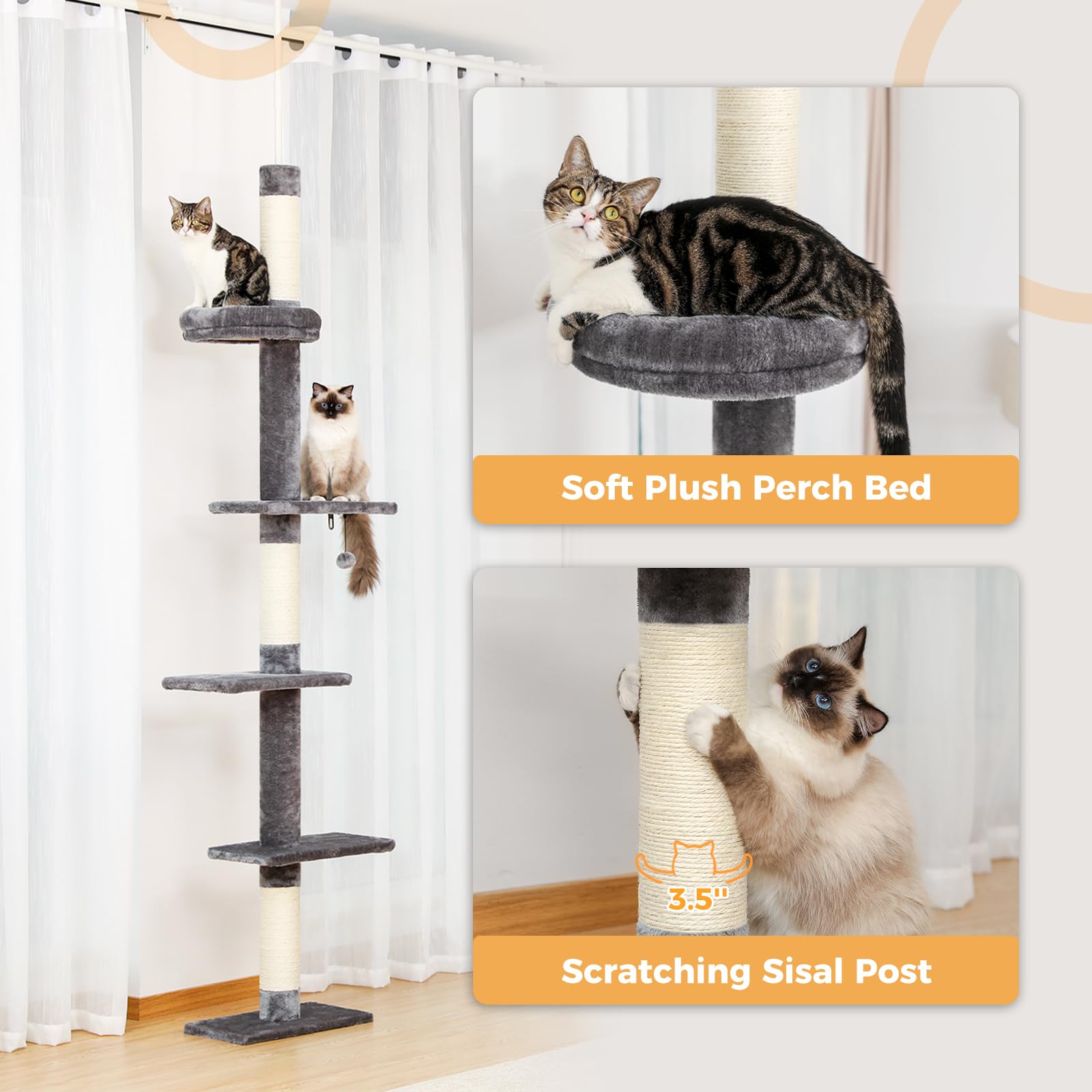 PAWZ Road 5-Tier Floor to Ceiling Cat Tree | Adjustable Height Tower - Grey