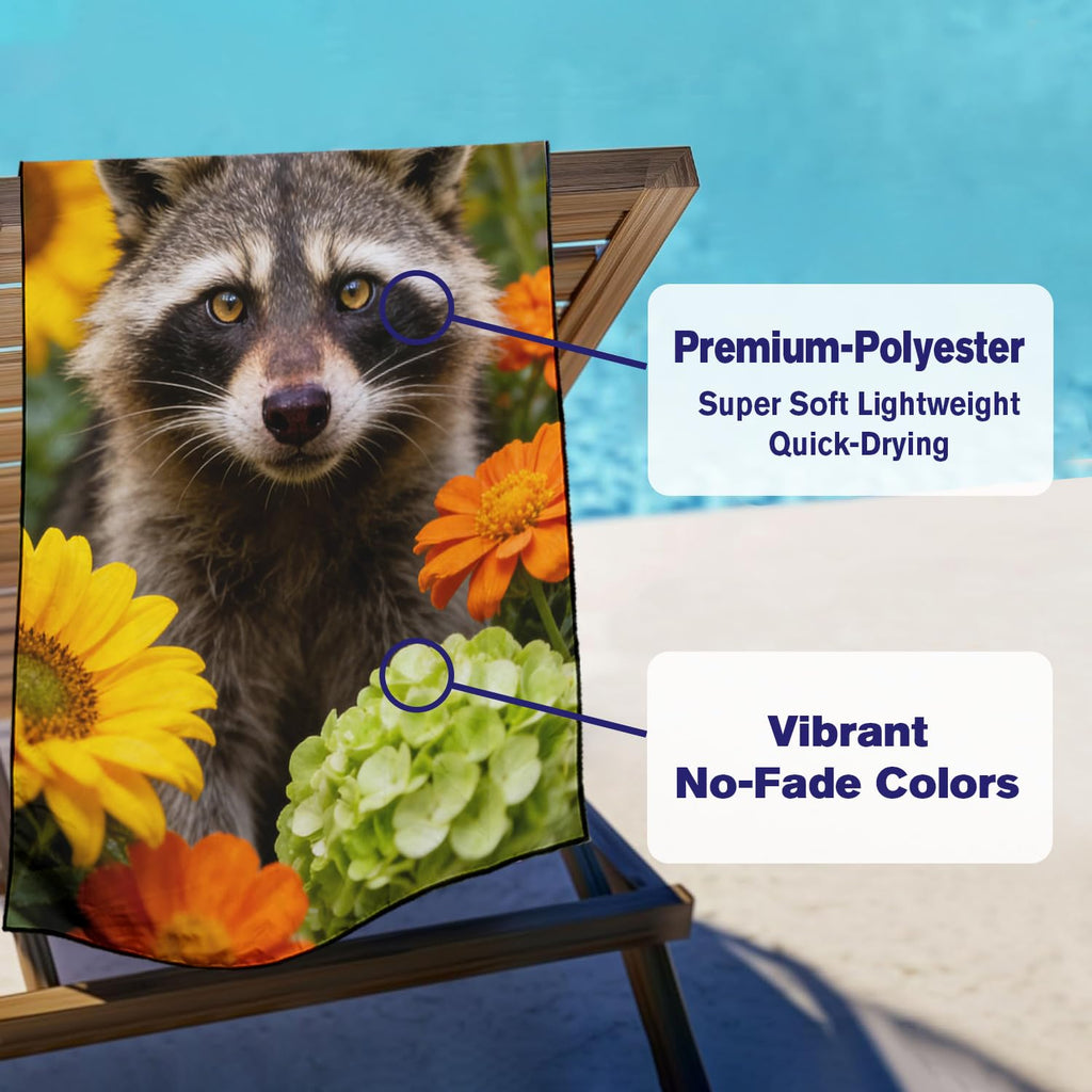 Violetpos Raccoon in Sunflowers & Hydrangeas Beach Towel, Extra Large 180x90 cm 250GSM Microfibre, Sand Free Quick Dry - image 3