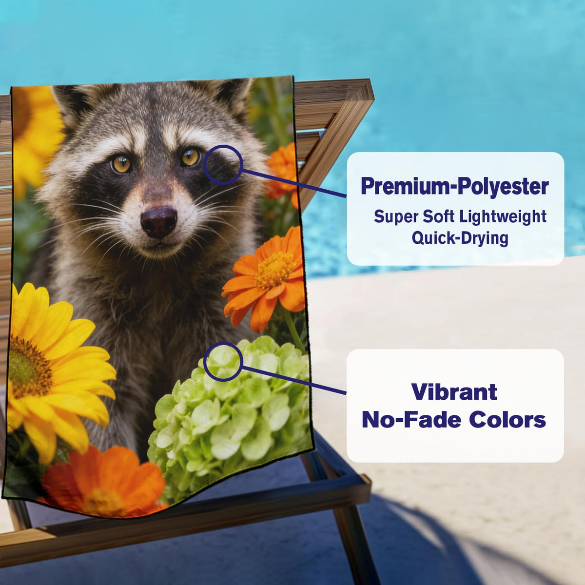 Violetpos Raccoon in Sunflowers & Hydrangeas Beach Towel, Extra Large 180x90 cm 250GSM Microfibre, Sand Free Quick Dry - image 3