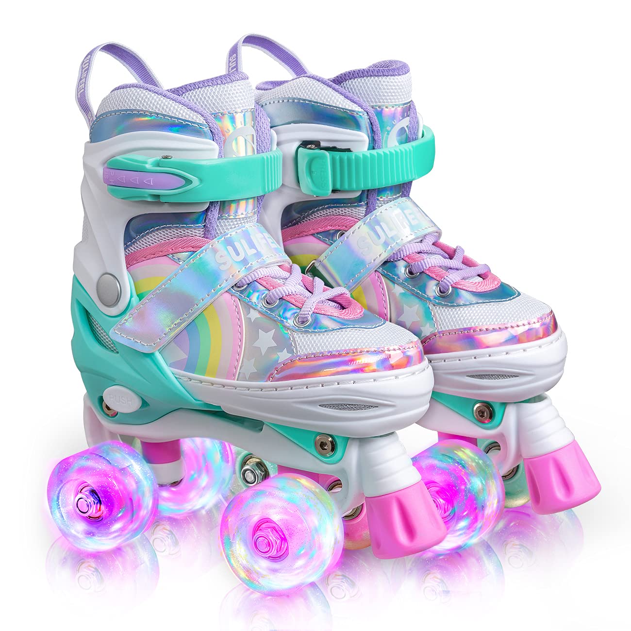 SULIFEEL Rainbow Unicorn Light Up Roller Skates - Adjustable Kids Size 9C-12C
