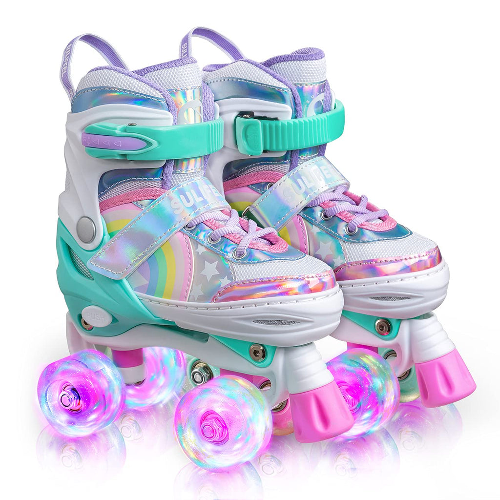 SULIFEEL Rainbow Unicorn Light Up Roller Skates – Adjustable Size 2-5 UK