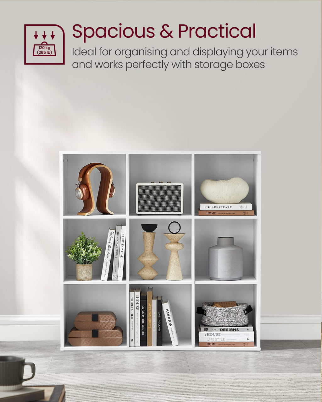 VASAGLE 9-Cube Bookcase – Modern Storage Shelf for Home Office, Cloud White