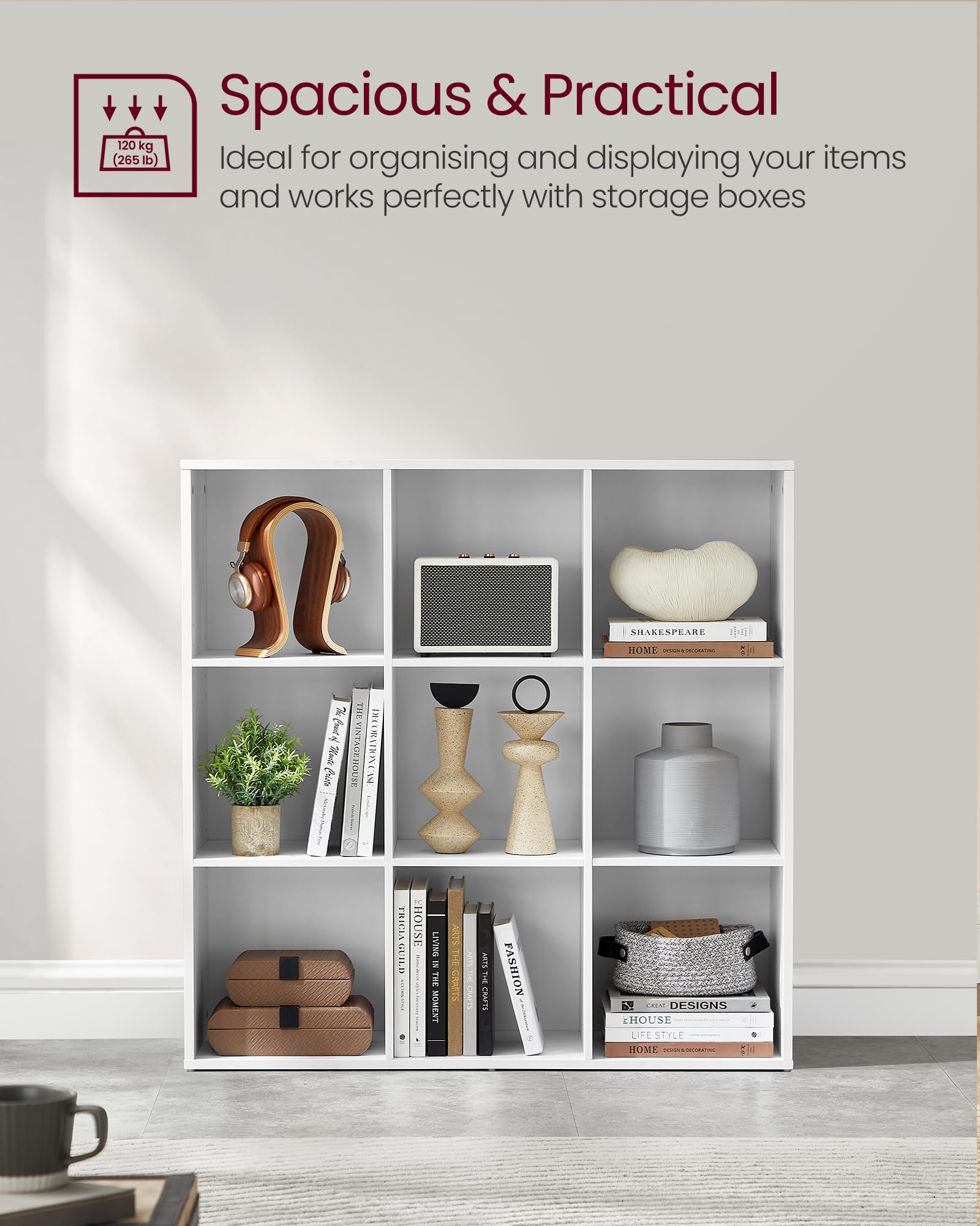 VASAGLE 9-Cube Bookcase – Modern Storage Shelf for Home Office, Cloud White