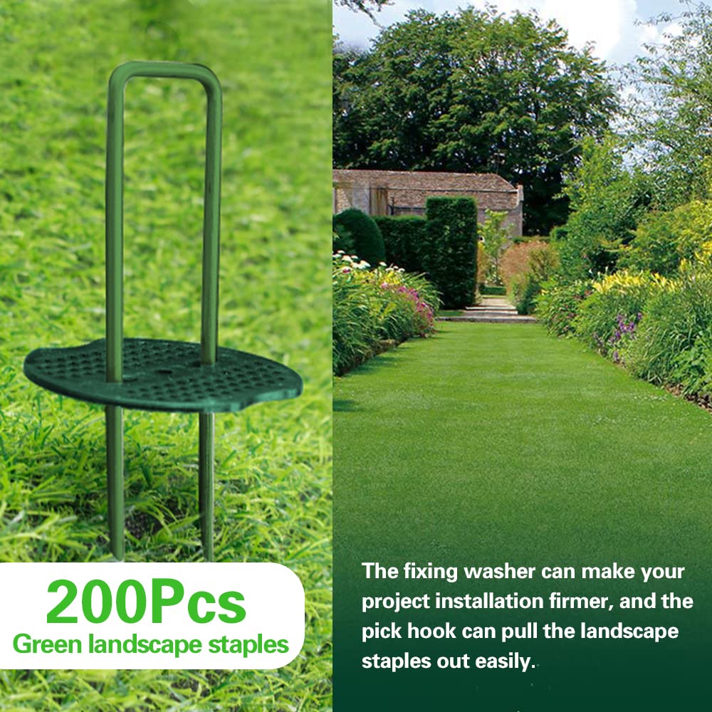 Bakulyor 200 Green Garden Pegs | 6" Steel Landscape Staples with Washers