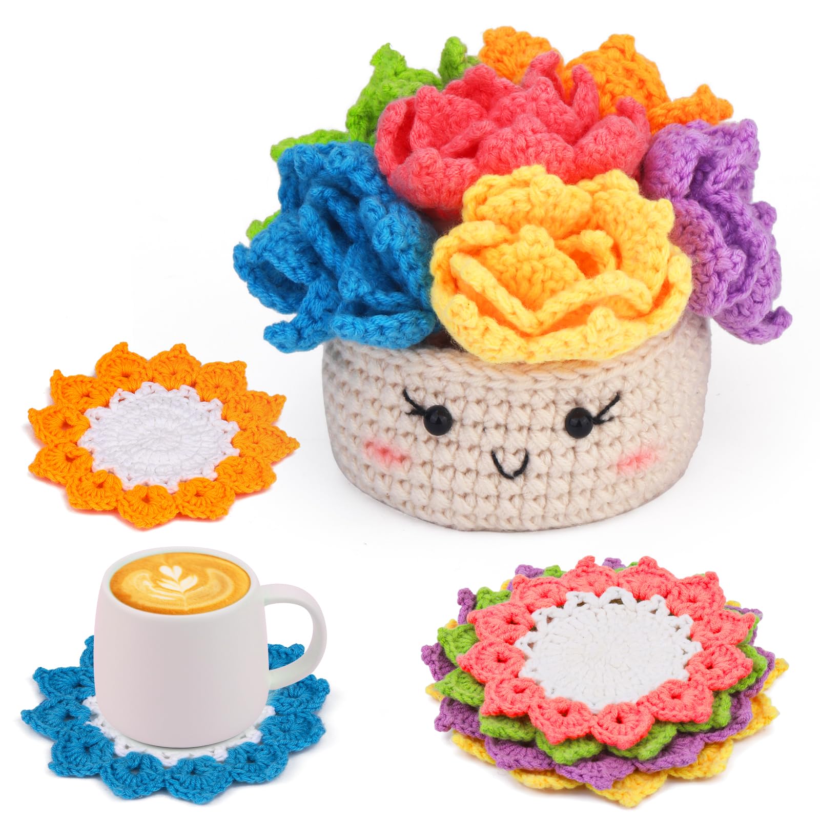 ENCHOL Beginner Crochet Kit - 6Pcs Coaster Plant Pot with Video Tutorials