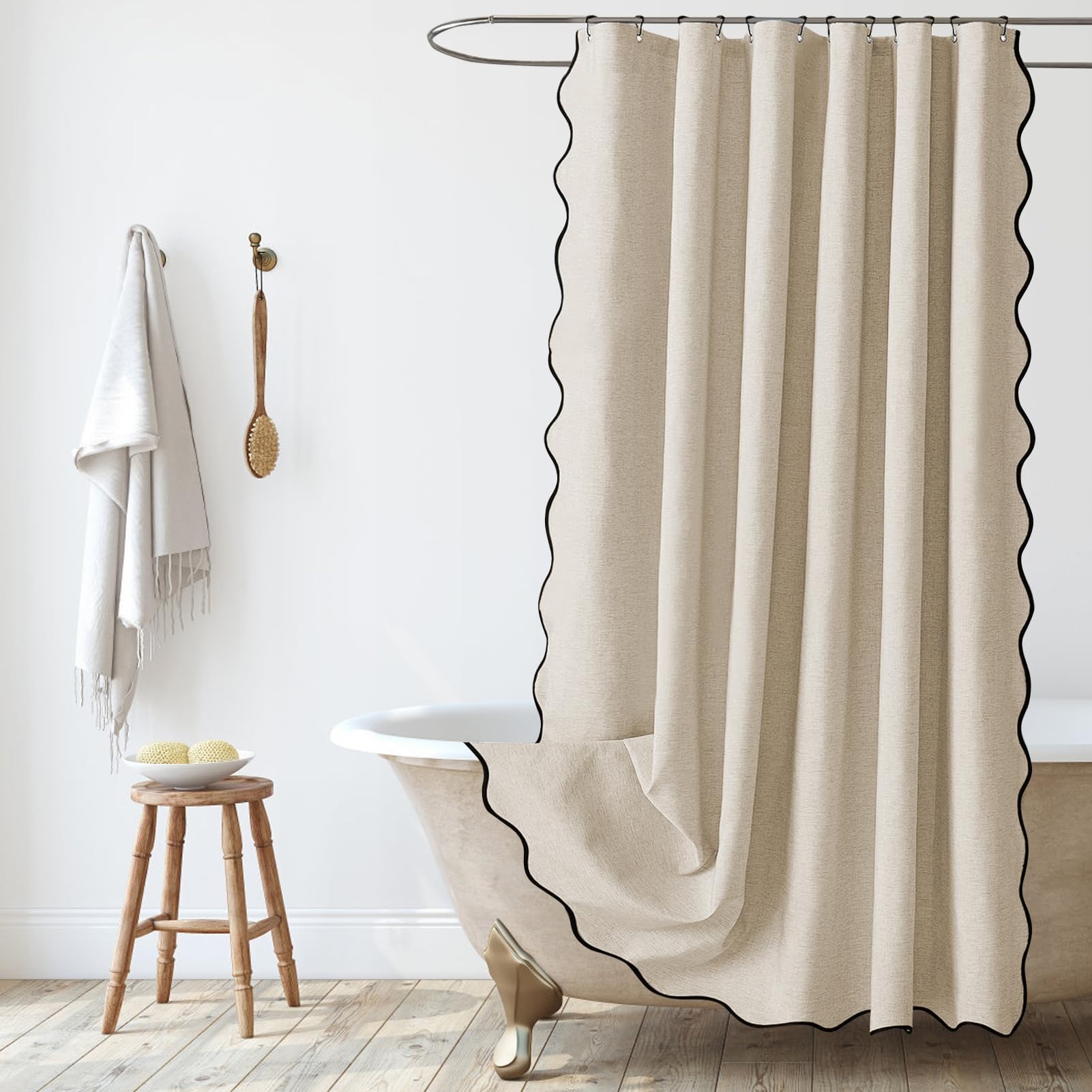 Scalloped Shower Curtain – Waterproof Linen Fabric, Beige/Black