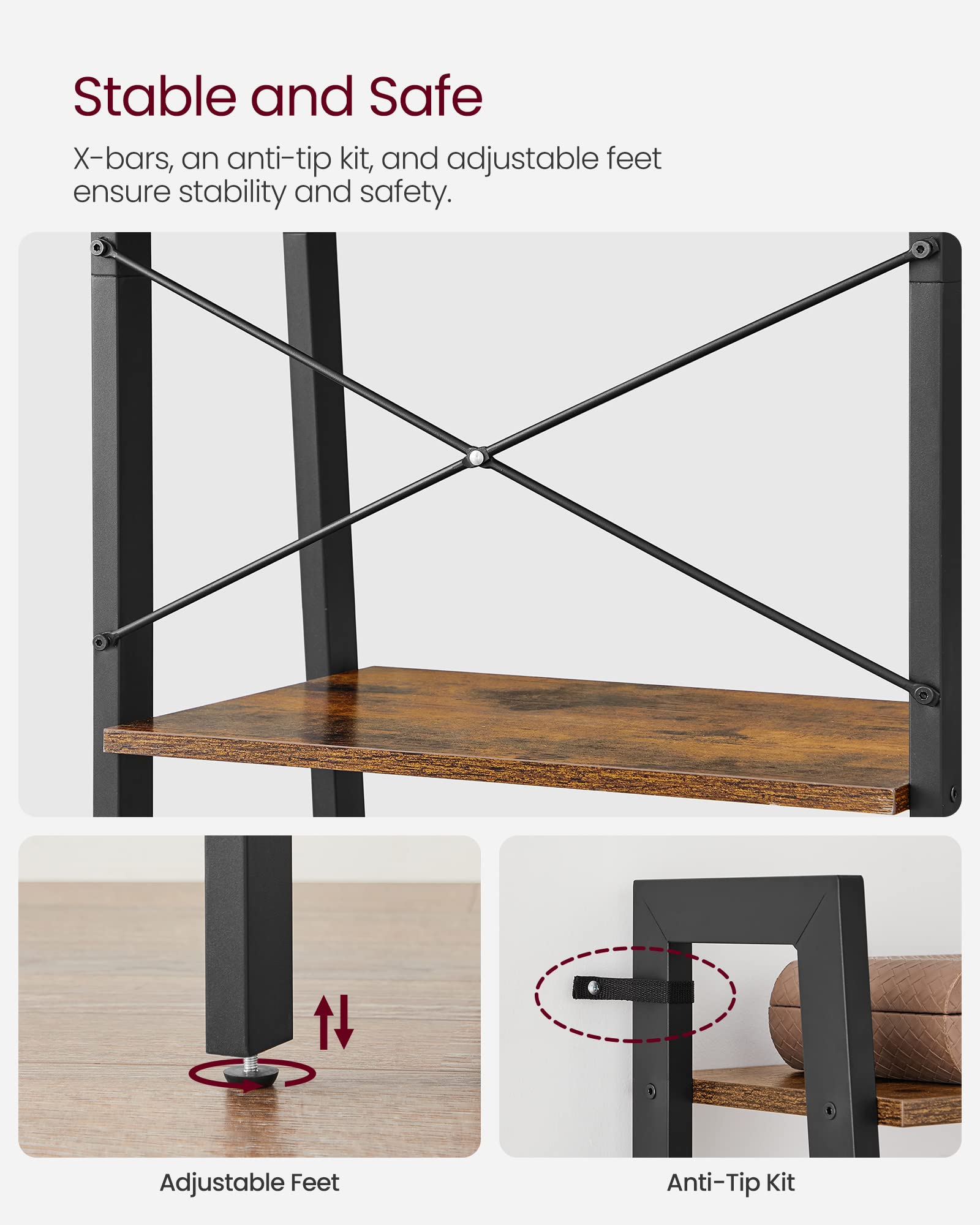 VASAGLE 4-Tier Industrial Ladder Shelf | Rustic Brown Bookshelf Rack