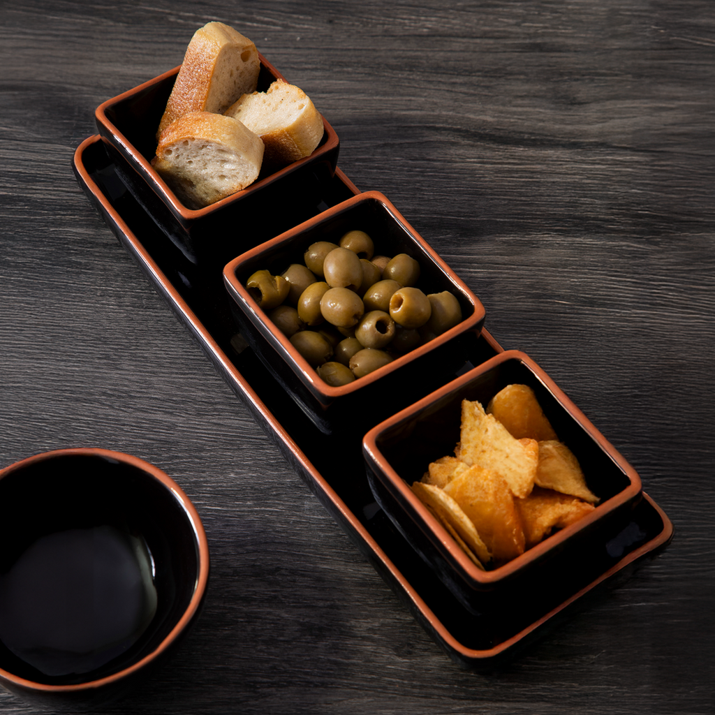 Orsina Calisto Terracotta Dip Bowls with Tray - Set of 3 in Black
