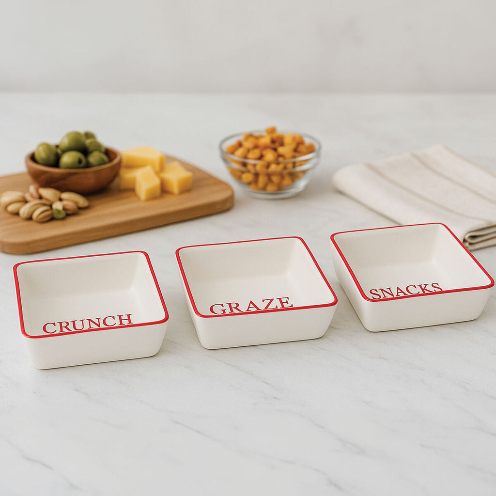 Orsina Hollywood Snack Dishes – Set of 3 Red Trim Cream Stoneware