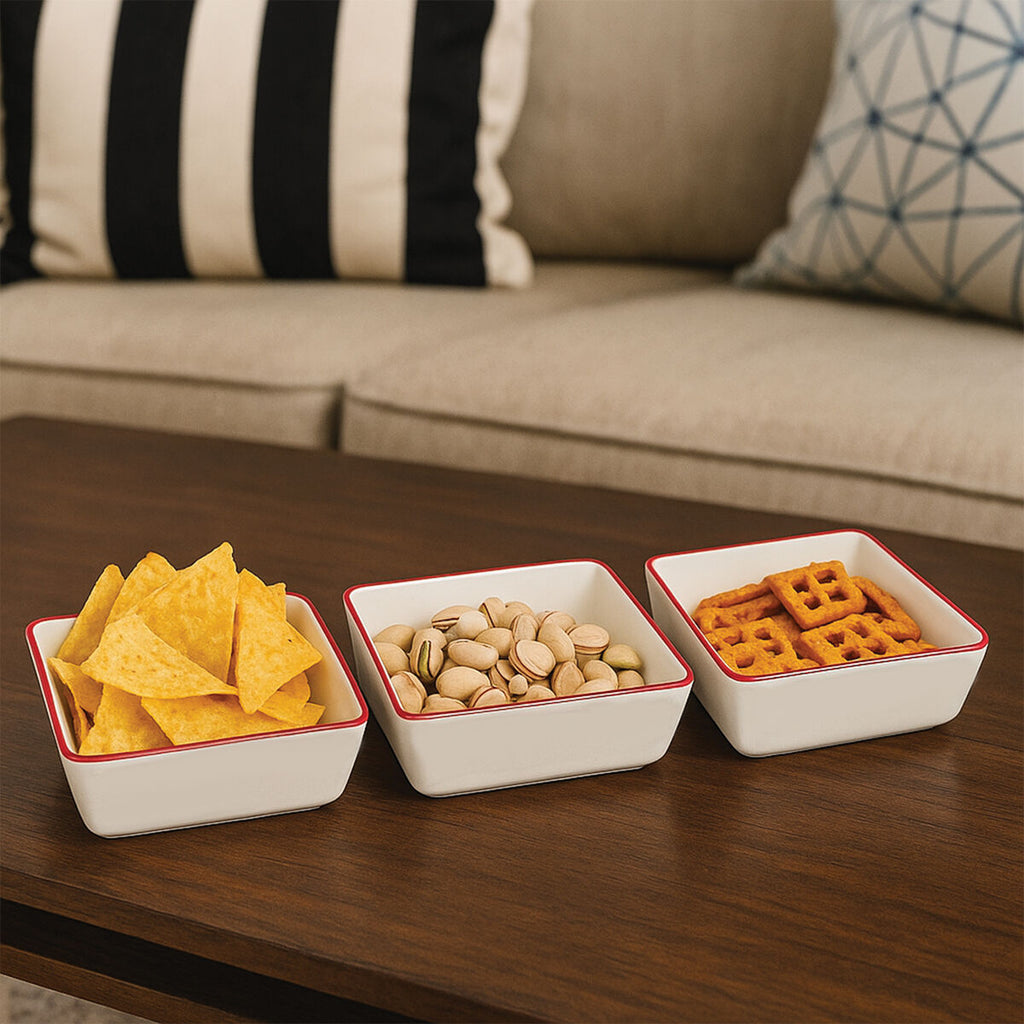 Orsina Hollywood Snack Dishes – Set of 3 Red Trim Cream Stoneware