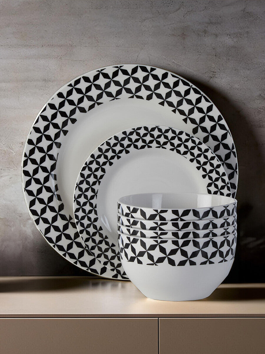 Orsina Avie 12-Piece Windmill Dinner Set – Black & White Ceramic