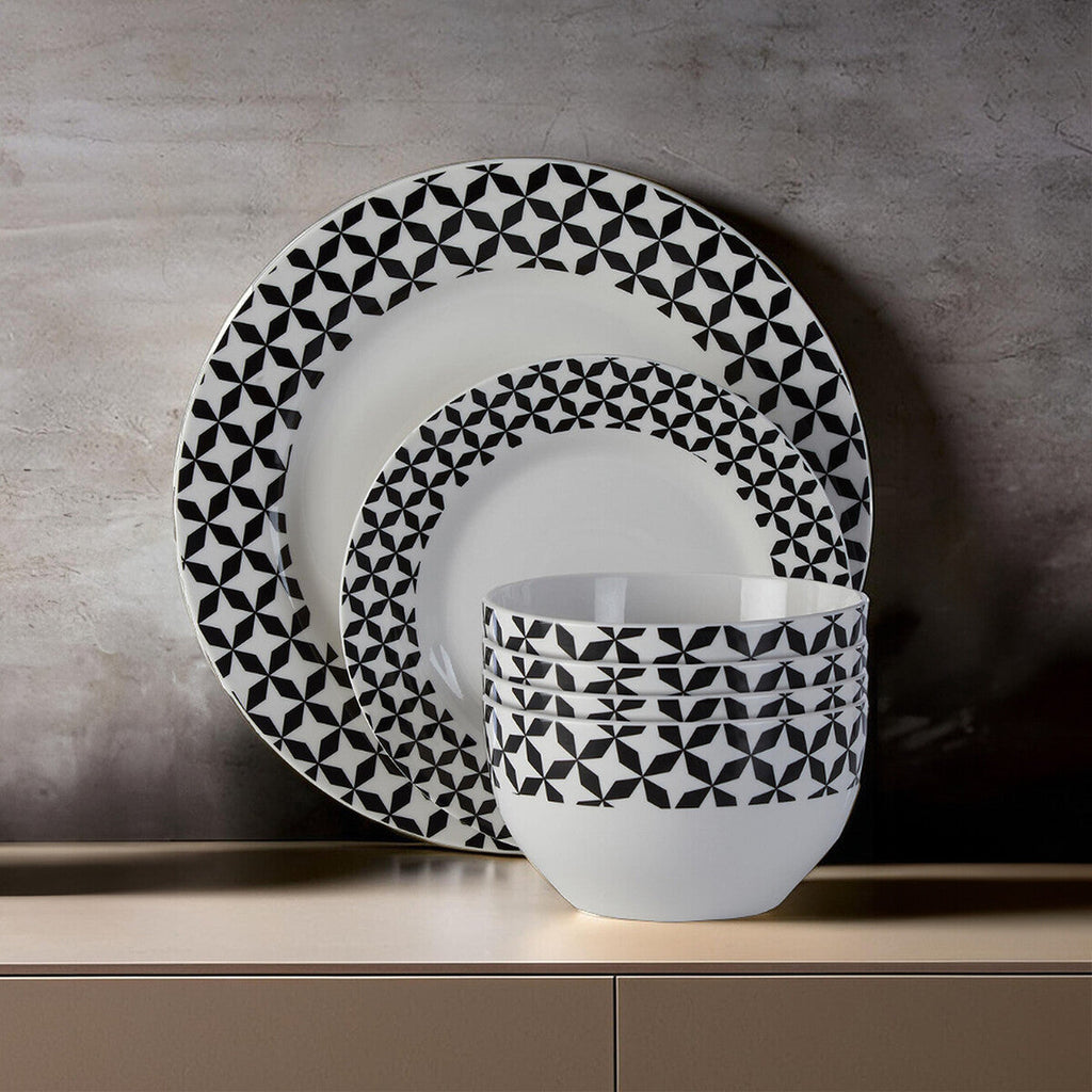 Orsina Avie 12-Piece Windmill Dinner Set – Black & White Ceramic